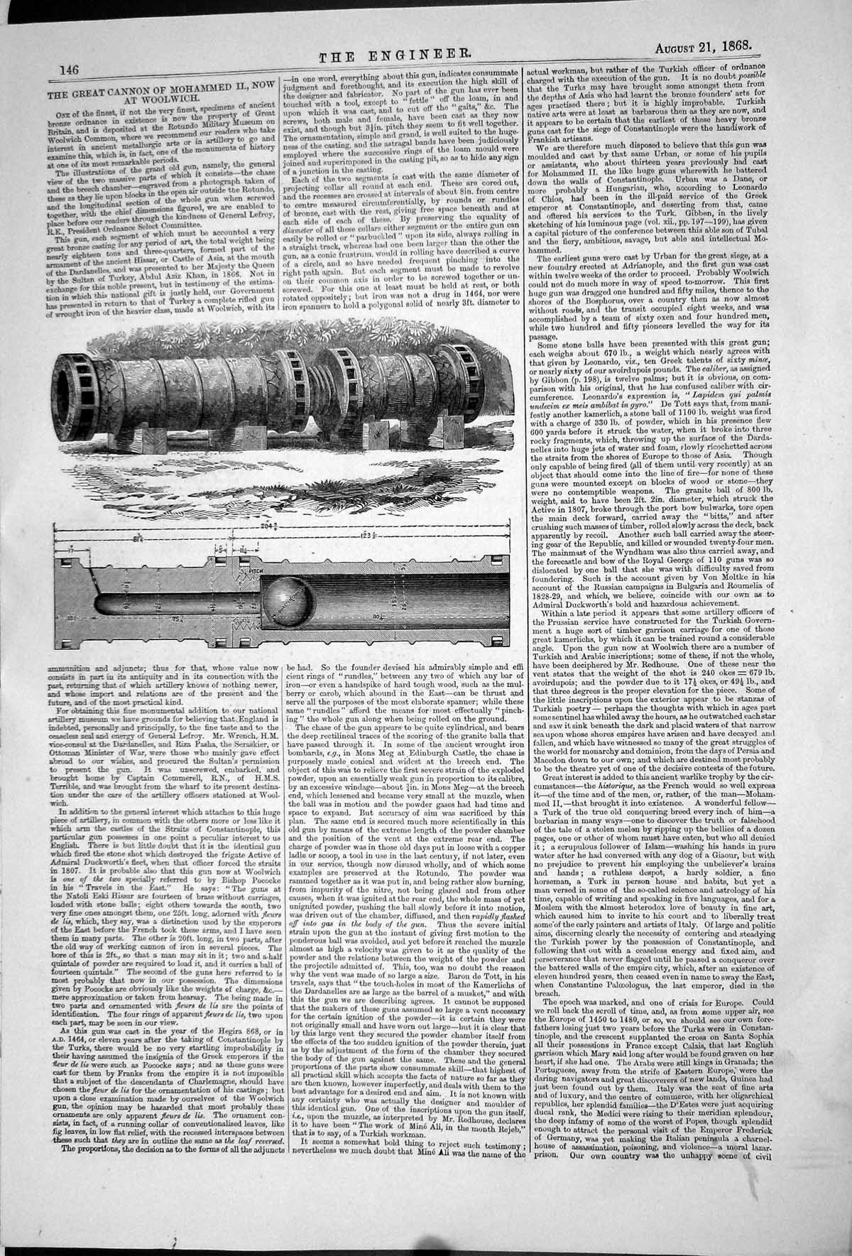 Original Old Antique Print 1868 Great Cannon Gun Mohammed War Weapon Woolwich