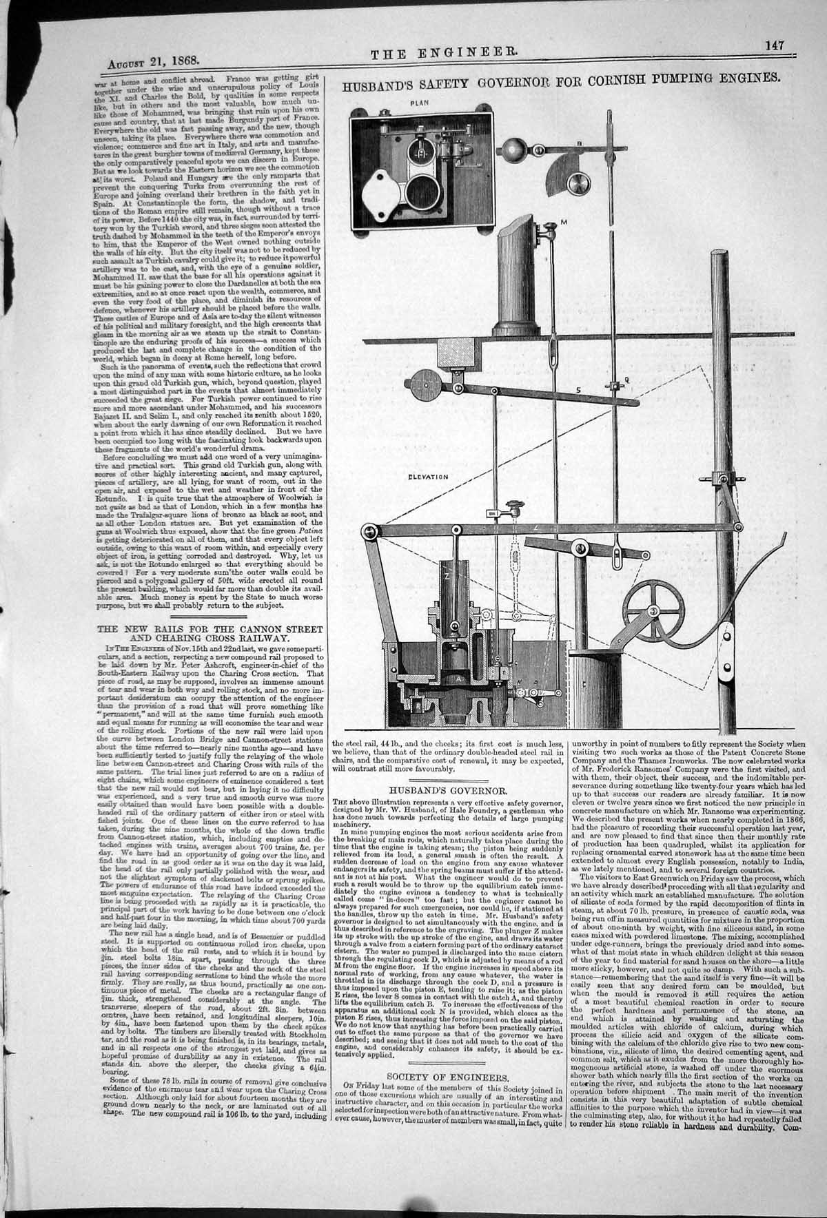 Old Print 1868 Husbands Safety Governor Cornish Pumping Engines Machinery 19th