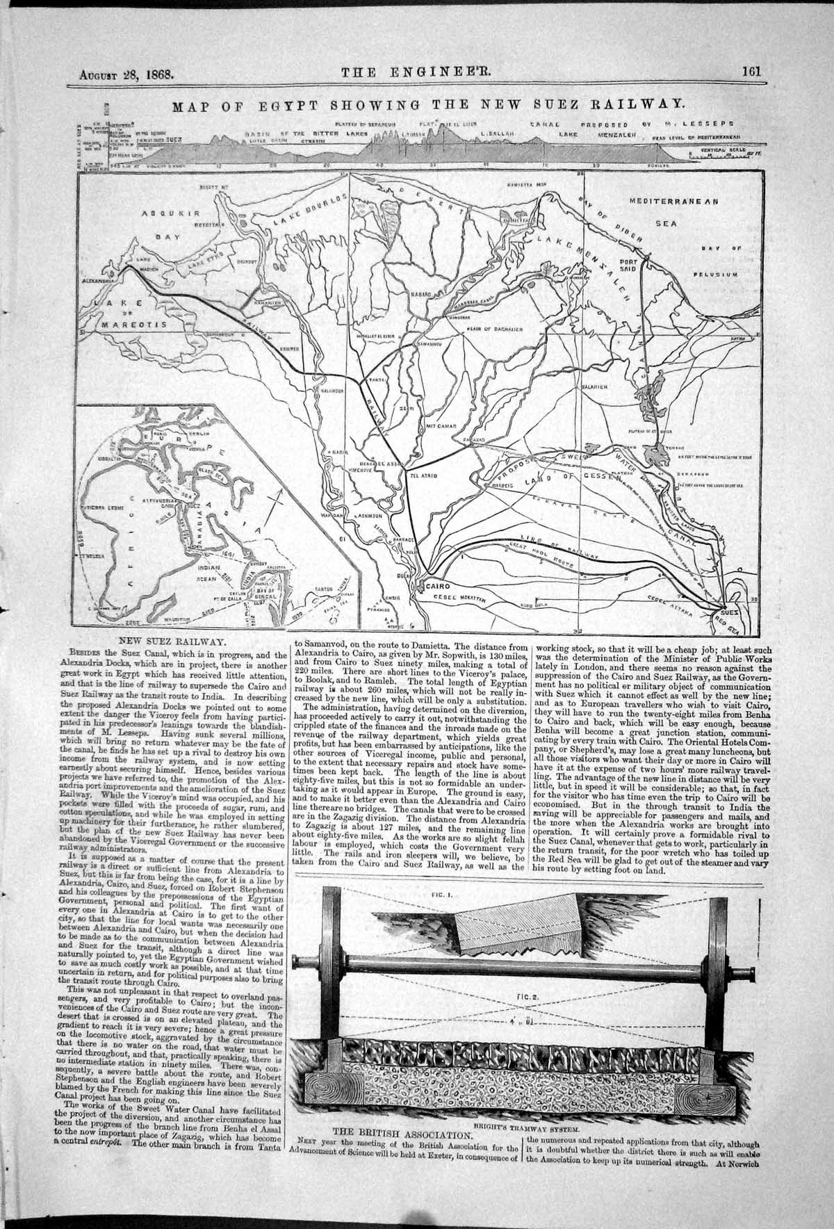 Old 1868 Map Egypt New Suez Railway Plan Bright Tramway System Engine Victorian
