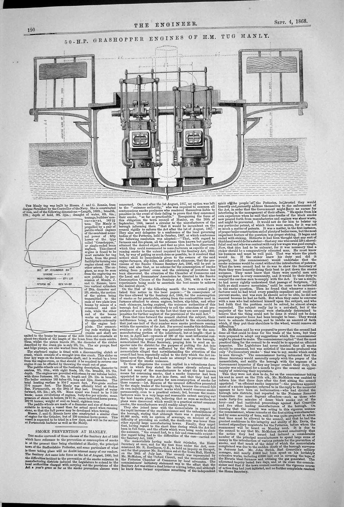 Old 1868 50 Hp Grashopper Engines H.M. Tug Manly Machinery Engineerin Victorian