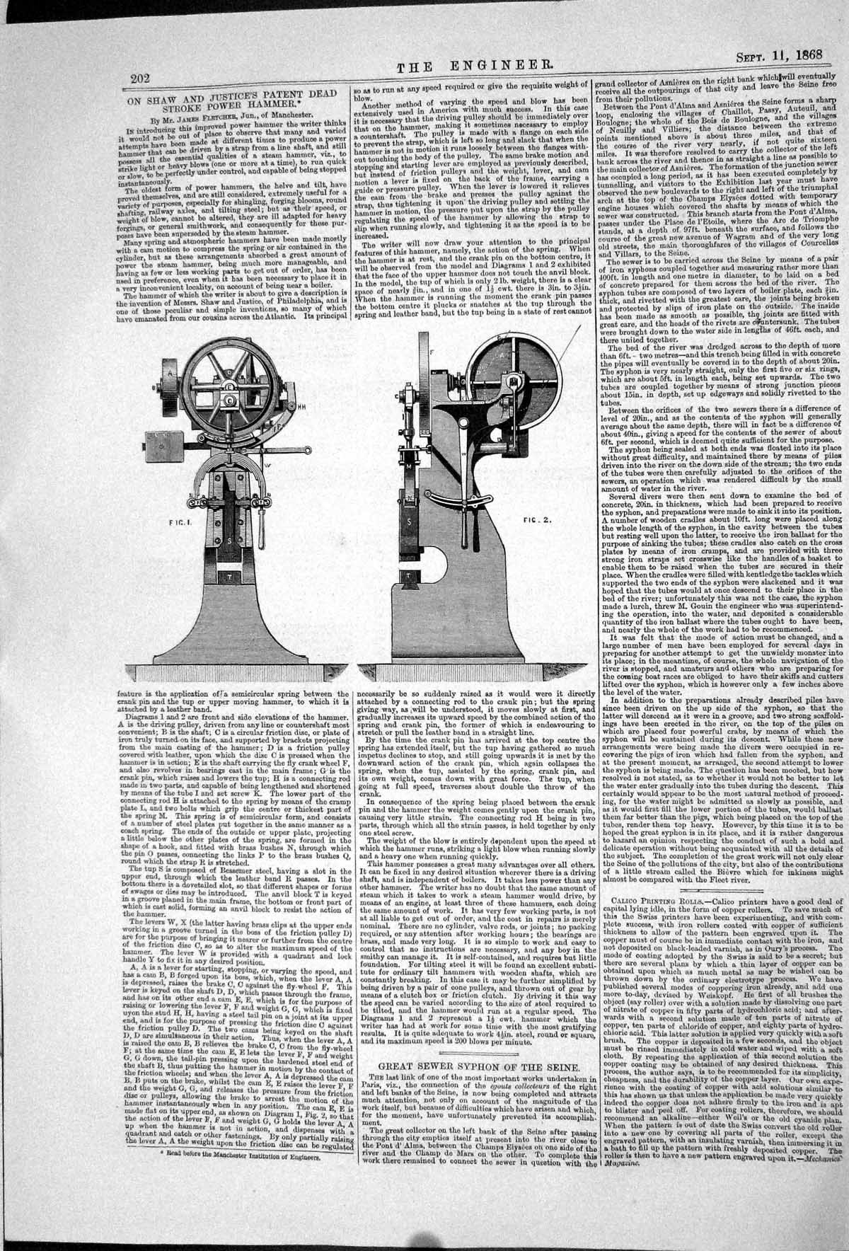 Old 1868 Shaw Justice Patent Dead Stroke Powers Hammer Machinery Engi Victorian