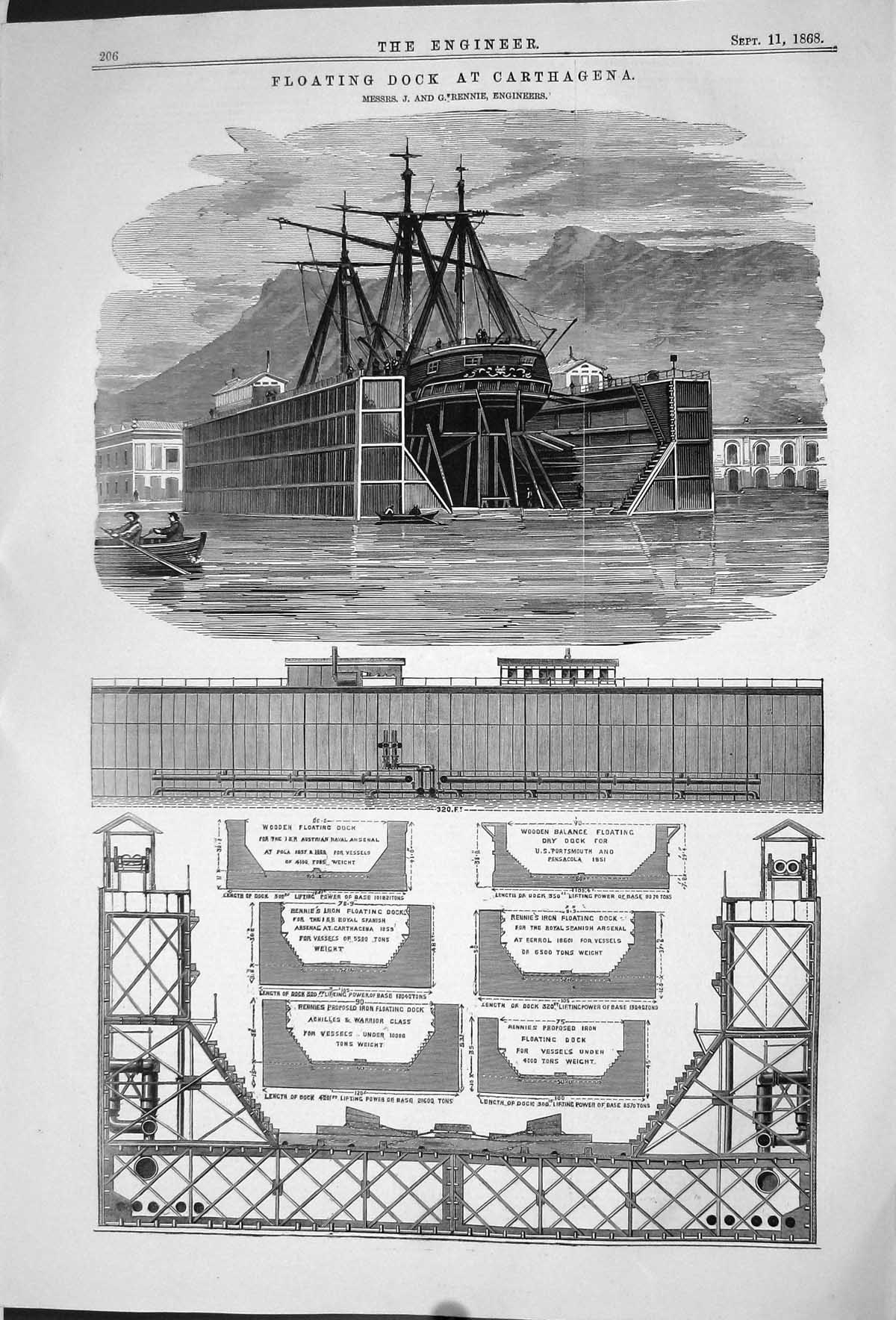 Old Antique Print 1868 Floating Dock Carthagena Ships Engineering Rennie 19th