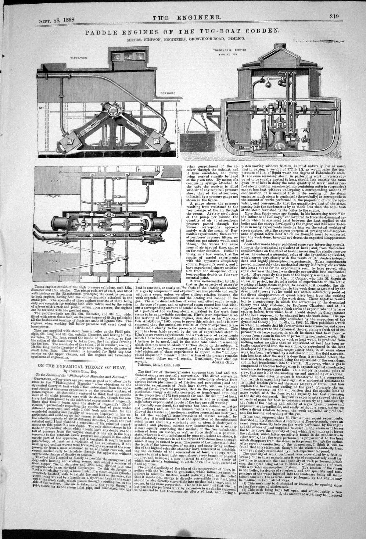 Old 1868 Paddle Engines Tug-Boat Cobden Machinery Simpson Engineering Victorian