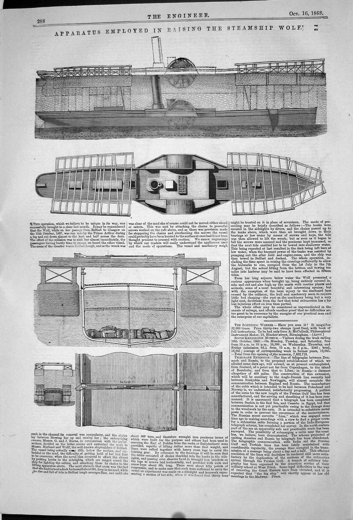 Antique Old Print 1868 Apparatus Employed Raising Steamship Wolf Engineering