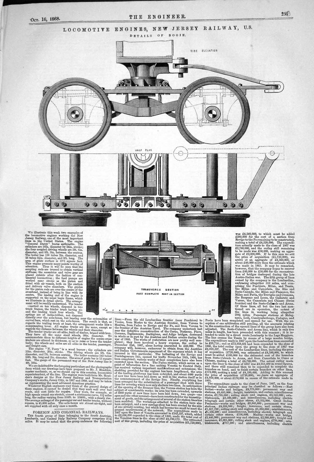Old 1868 Locomotive Engines New Jersey Railways Details Bogie Enginee Victorian