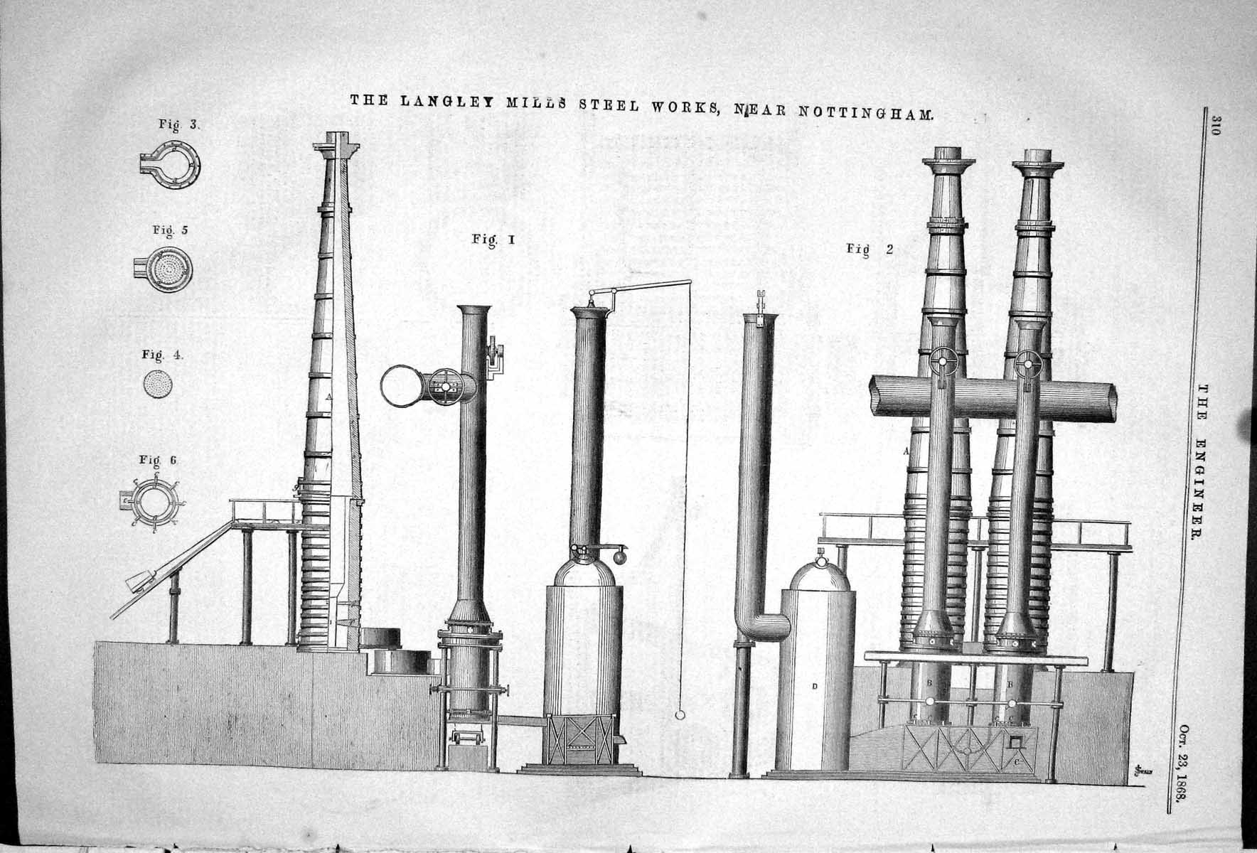 Old Print 1868 Langley Mills Steel Works Nottingham Machinery Engineering 19th