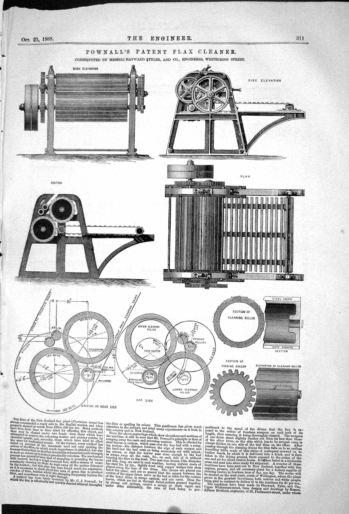 Old 1868 Pownalls Patent Flax Cleaner Instruments Machinery Hayward T Victorian