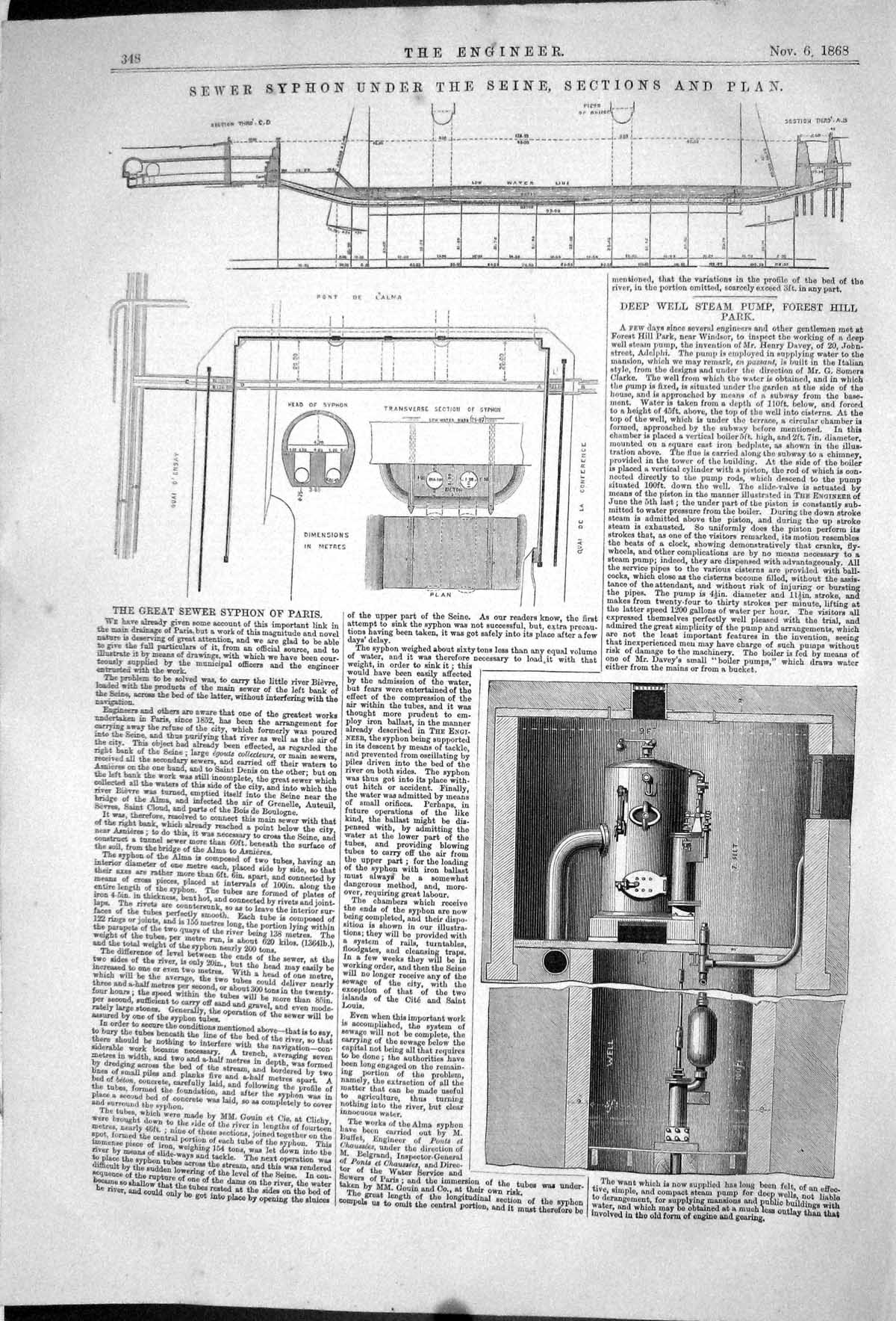 Old 1868 Sewer Syphon Under River Seine Section Plans Well Pump Fores Victorian