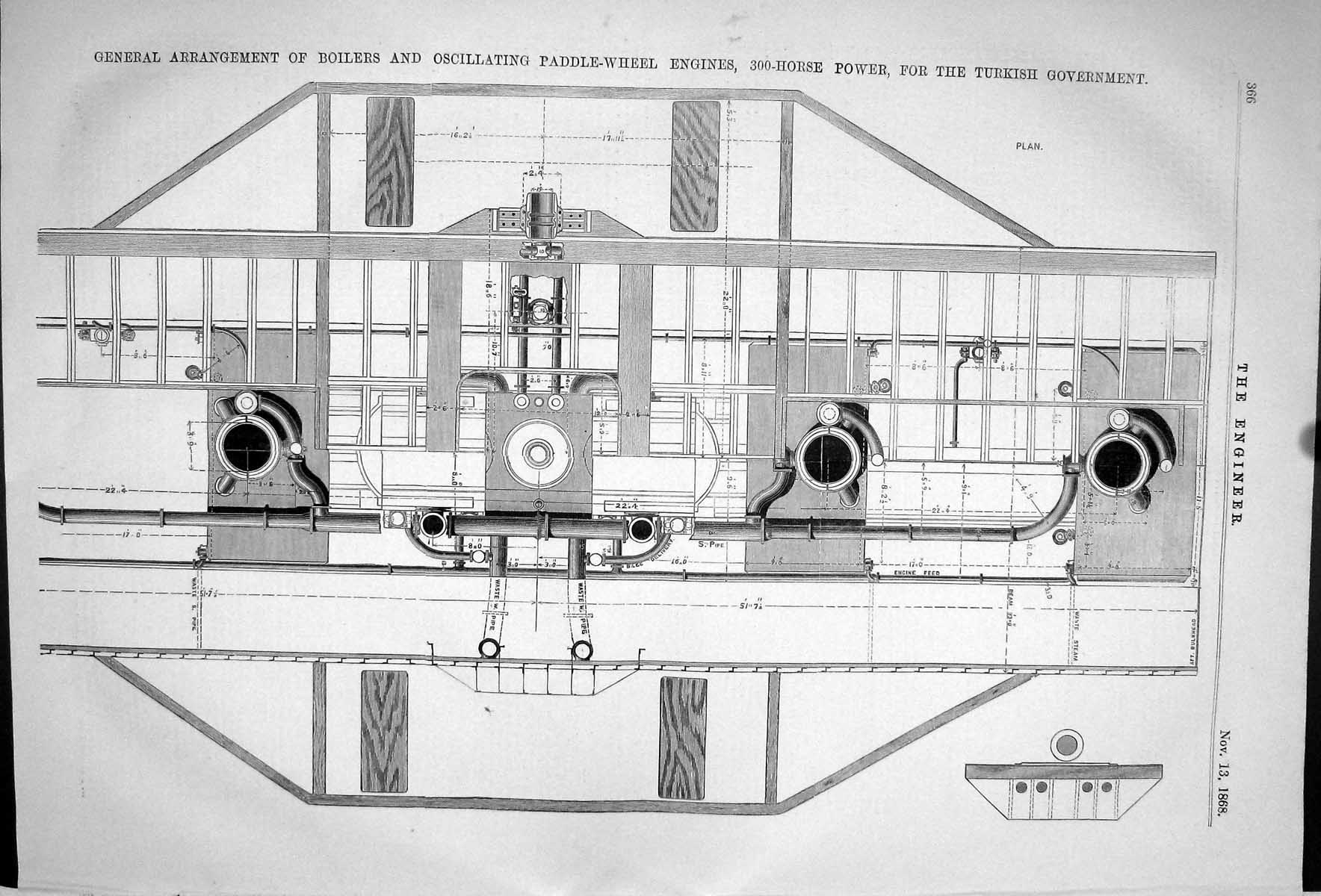 Old 1868 Arrangement Boilers Oscillating Paddle Wheel Engines 300 Hor Victorian