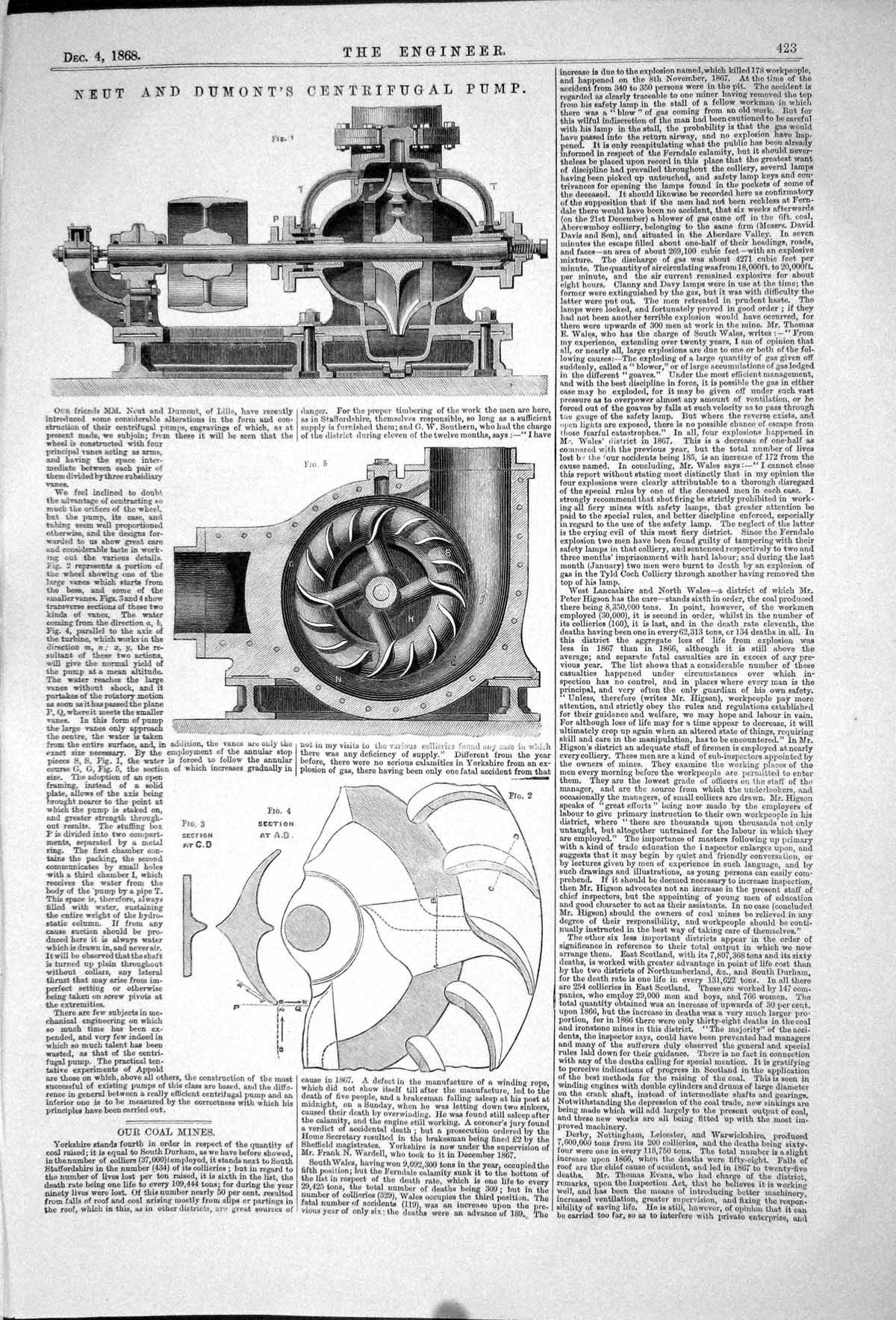 Old Antique Print 1868 Neut Dumont Centrifugal Pump Machinery Engineering 19th