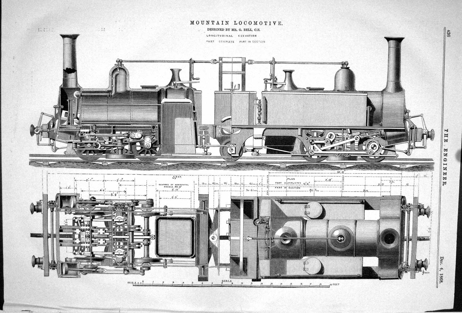 Old 1868 Mountain Locomotive Train Railway Engine Bell Plan Garvel Ha Victorian