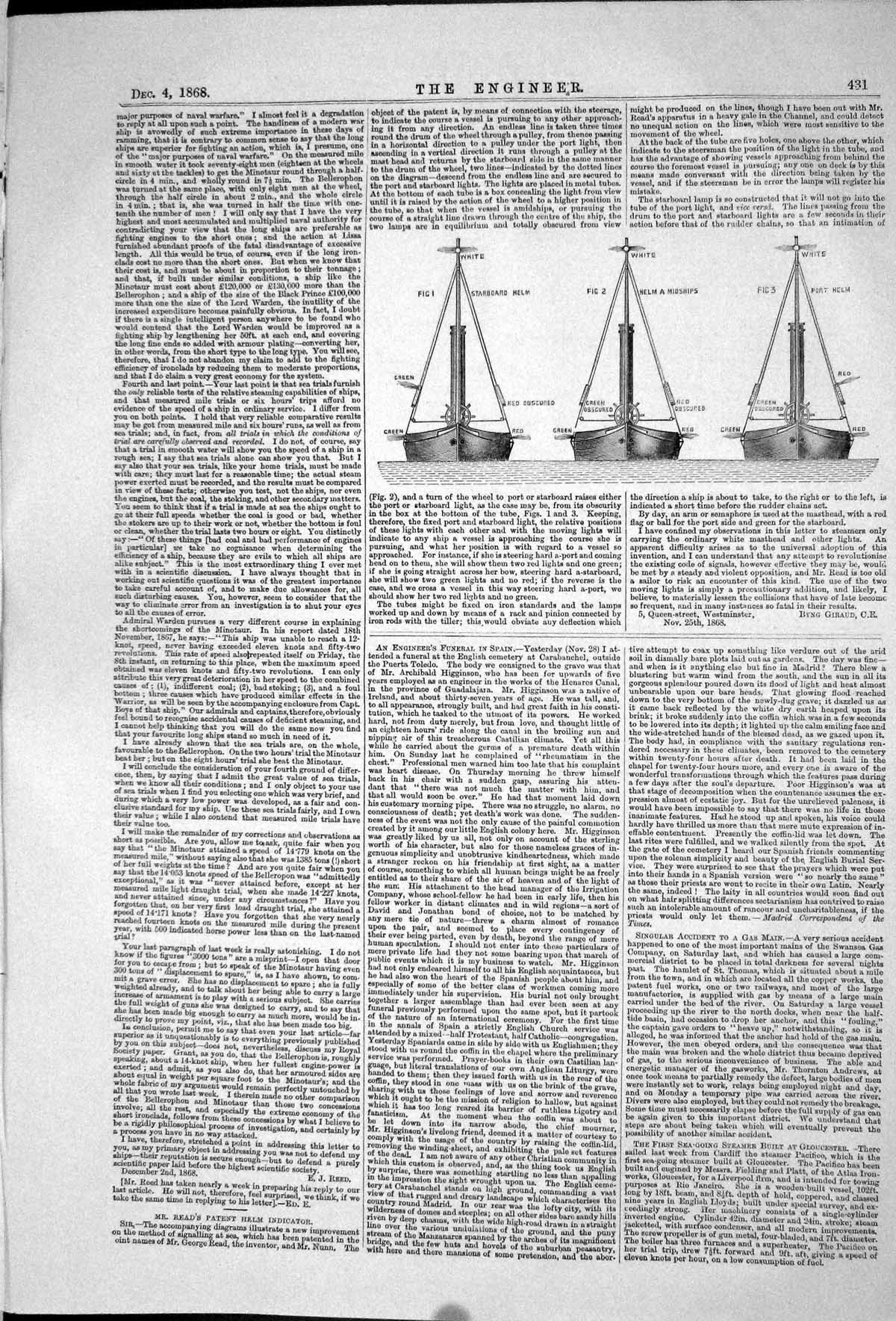 Antique Old Print 1868 Reads Patent Helm Indicator Starboard Boat Engineering