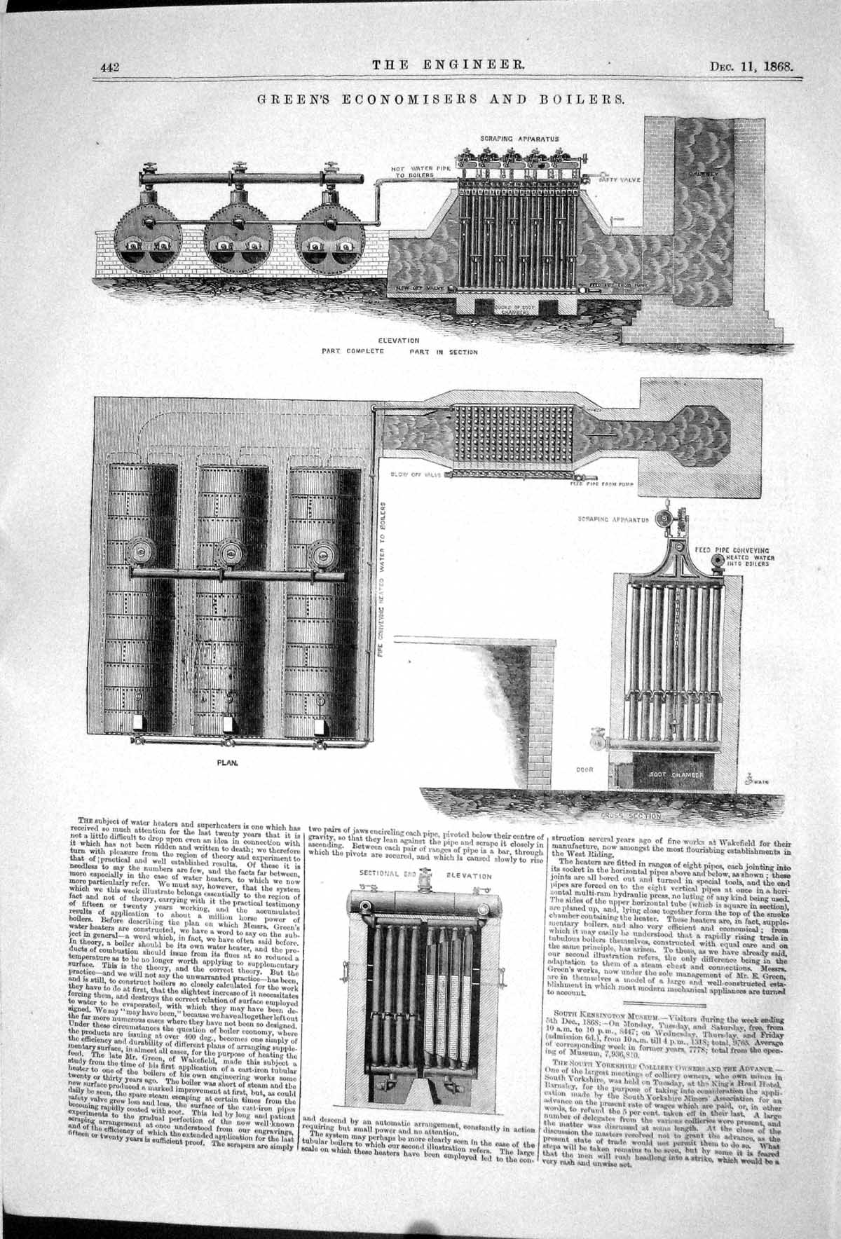 Old Antique Print 1868 Greens Economisers Boilers Machinery Instruments 19th