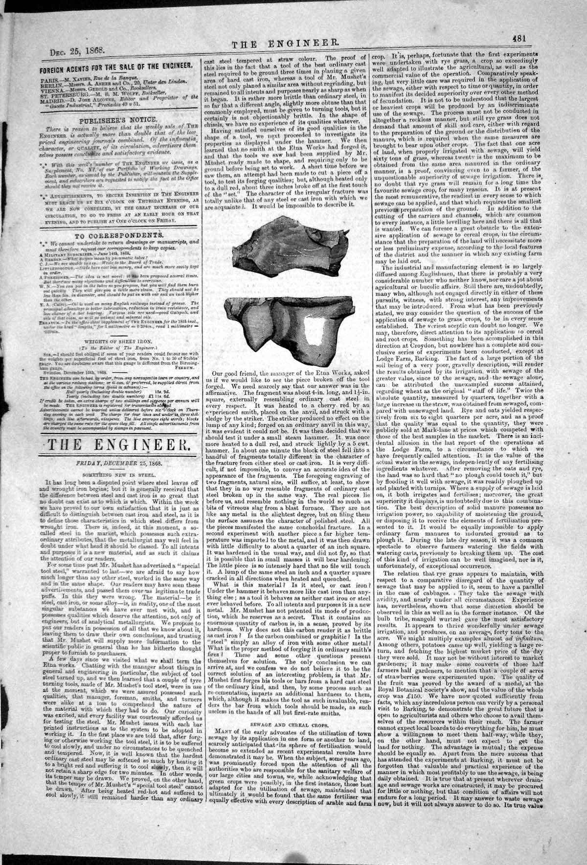 Original Old Antique Print 1868 Engineering Steel 19th Century