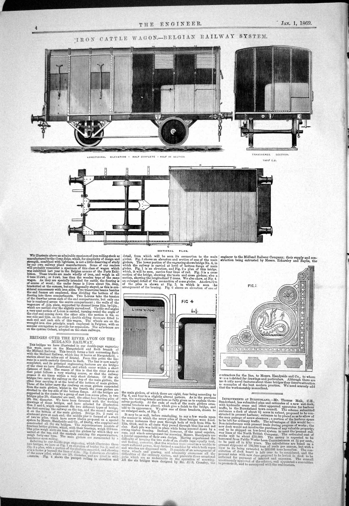 Antique Print 1869 Iron Cattle Wagon Belgian Railway System Train Carriage 19th