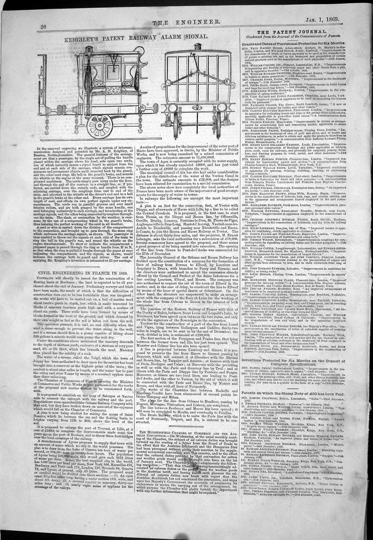 Old Print 1869 Keighley Patent Railway Alarm Signal Transport Engineering 19th