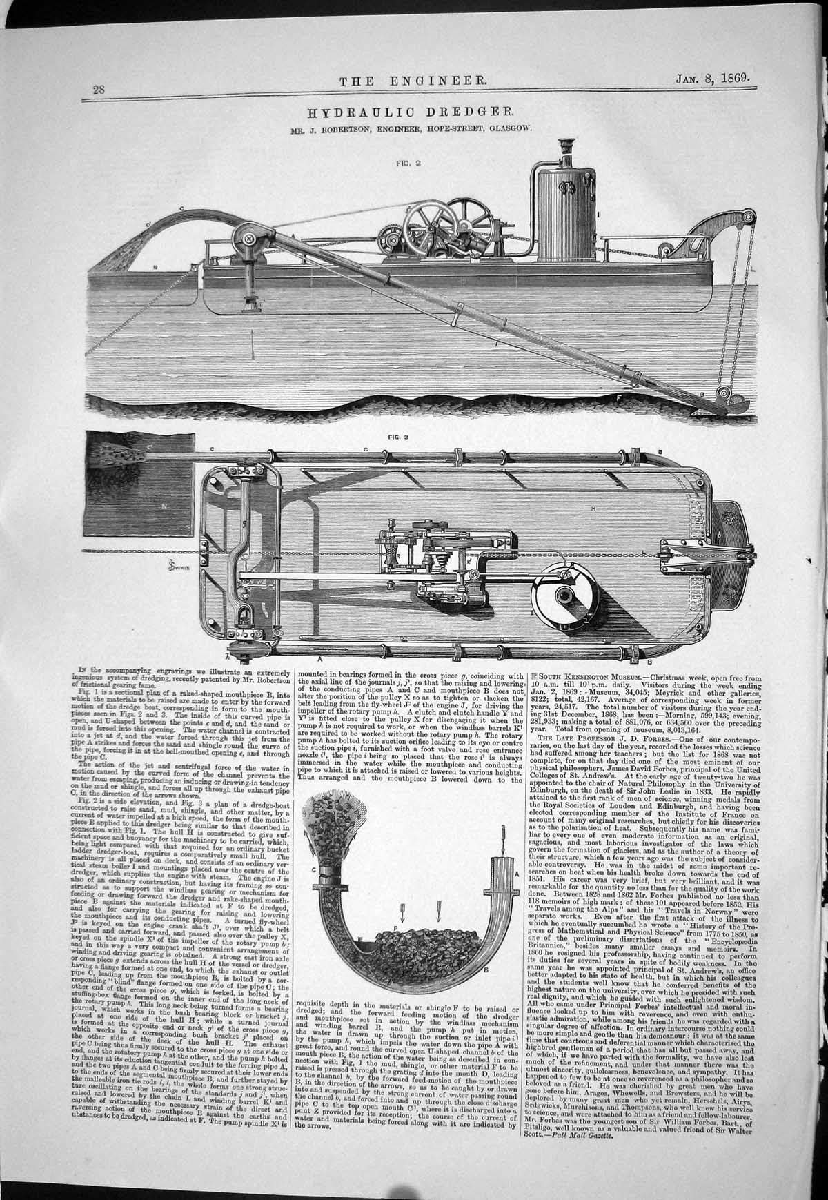 Old Print 1869 Hydraulic Dredger Machinery Robertson Engineering Glasgow 19th
