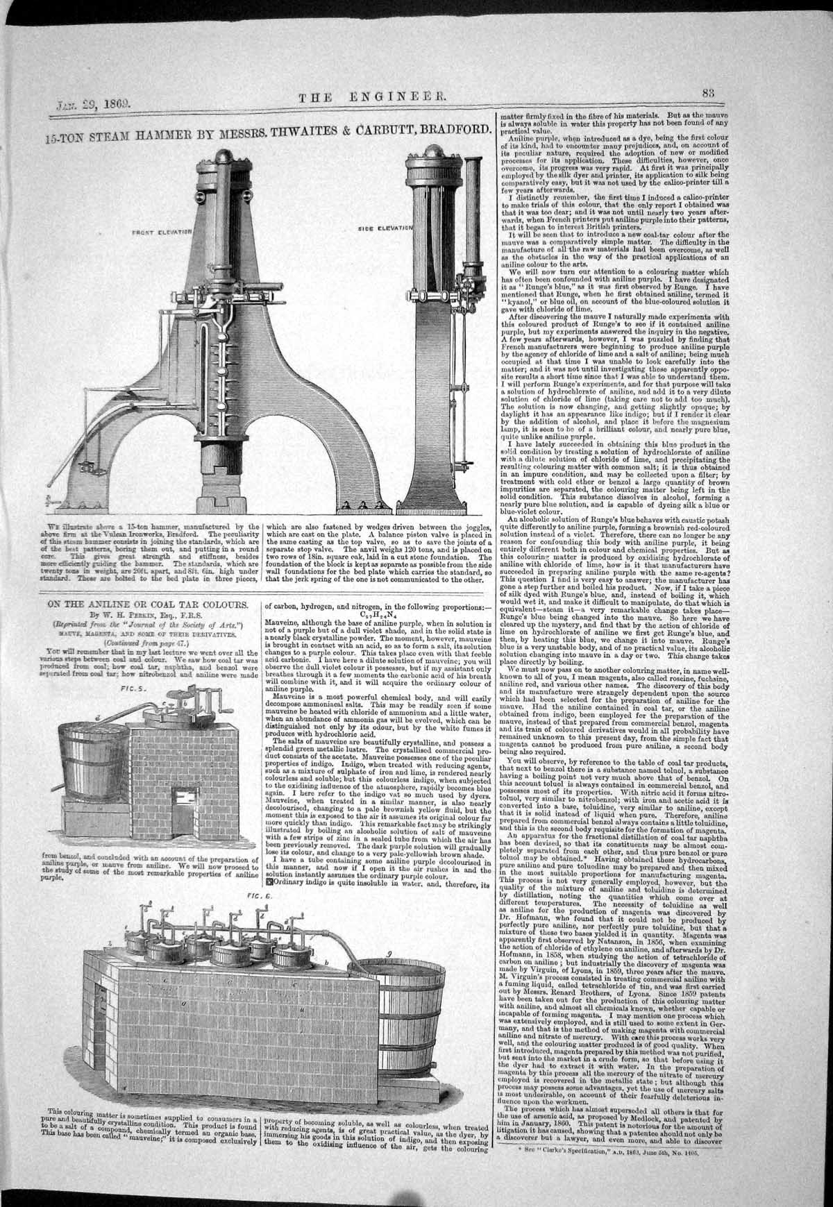 Antique Print 1869 15-Ton Steam Hammer Thwaites Carbutt Bradford Coal Tar S