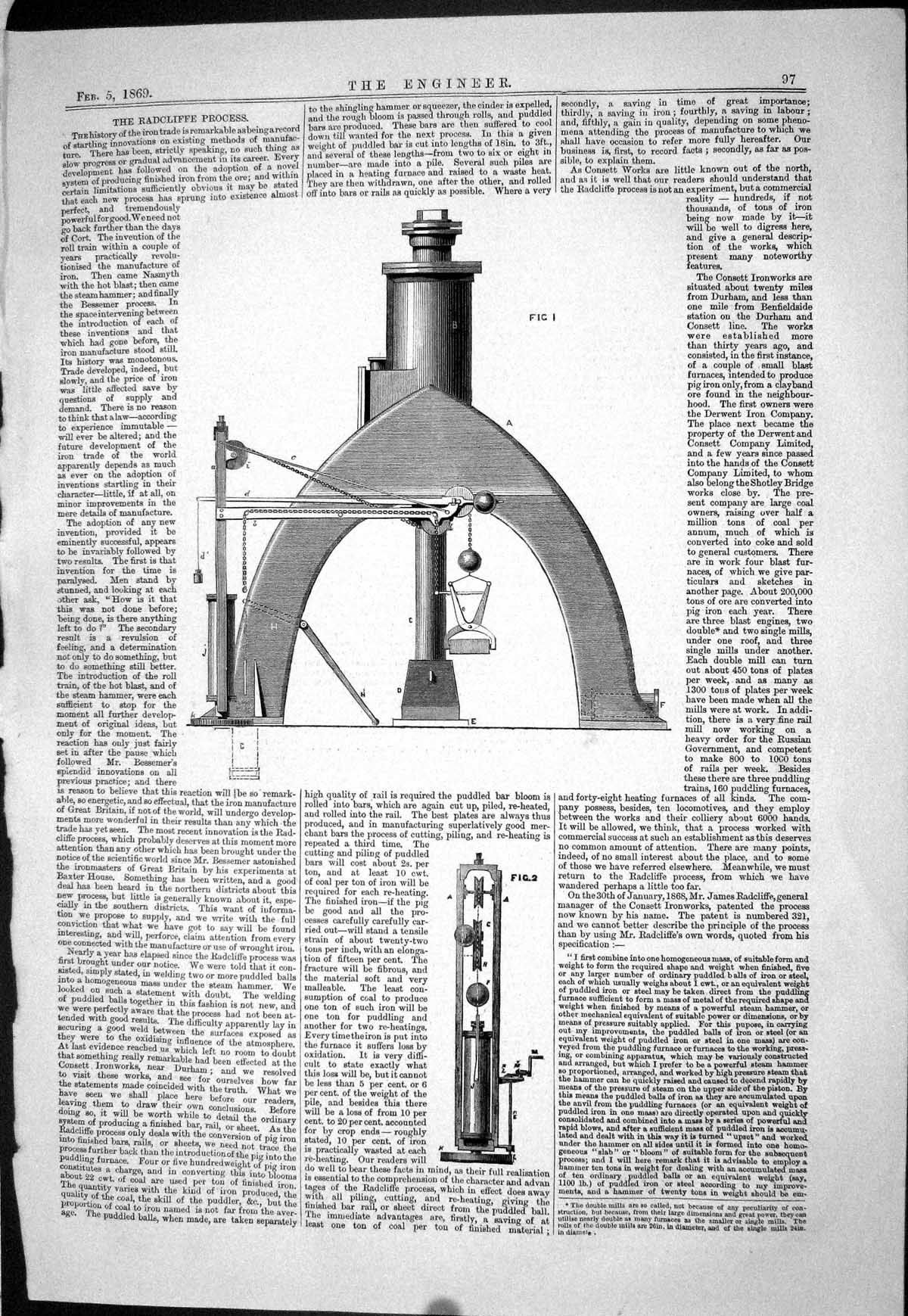 Original Old Antique Print 1869 Radcliffe Process Iron Machinery Engineering