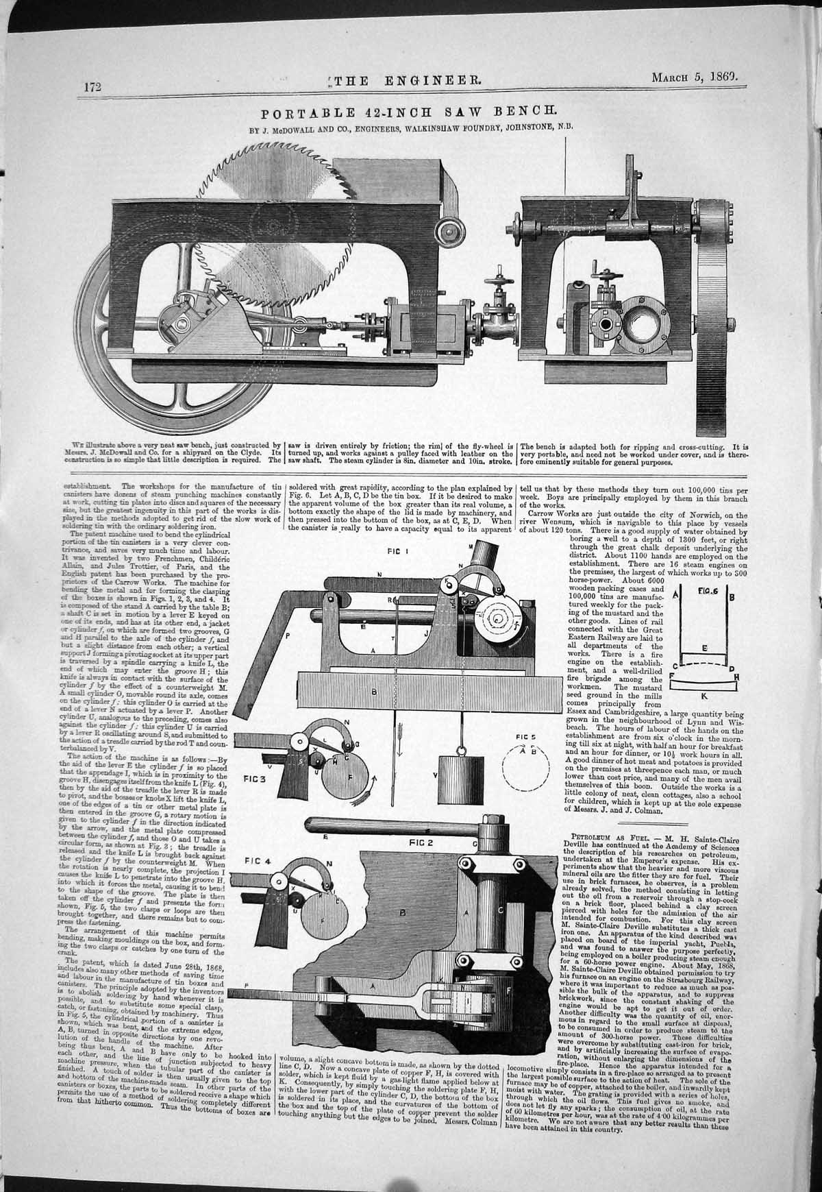 Old Print 1869 Portable 42-Inch Saw Bench Mcdowall Engineering Walkinshaw 19th