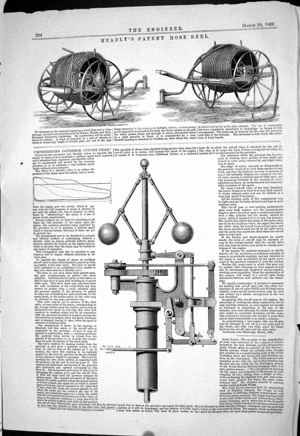 Old 1869 Headly Patent Hose Reel Umpherston Governor Cut-Off Gear Eng Victorian