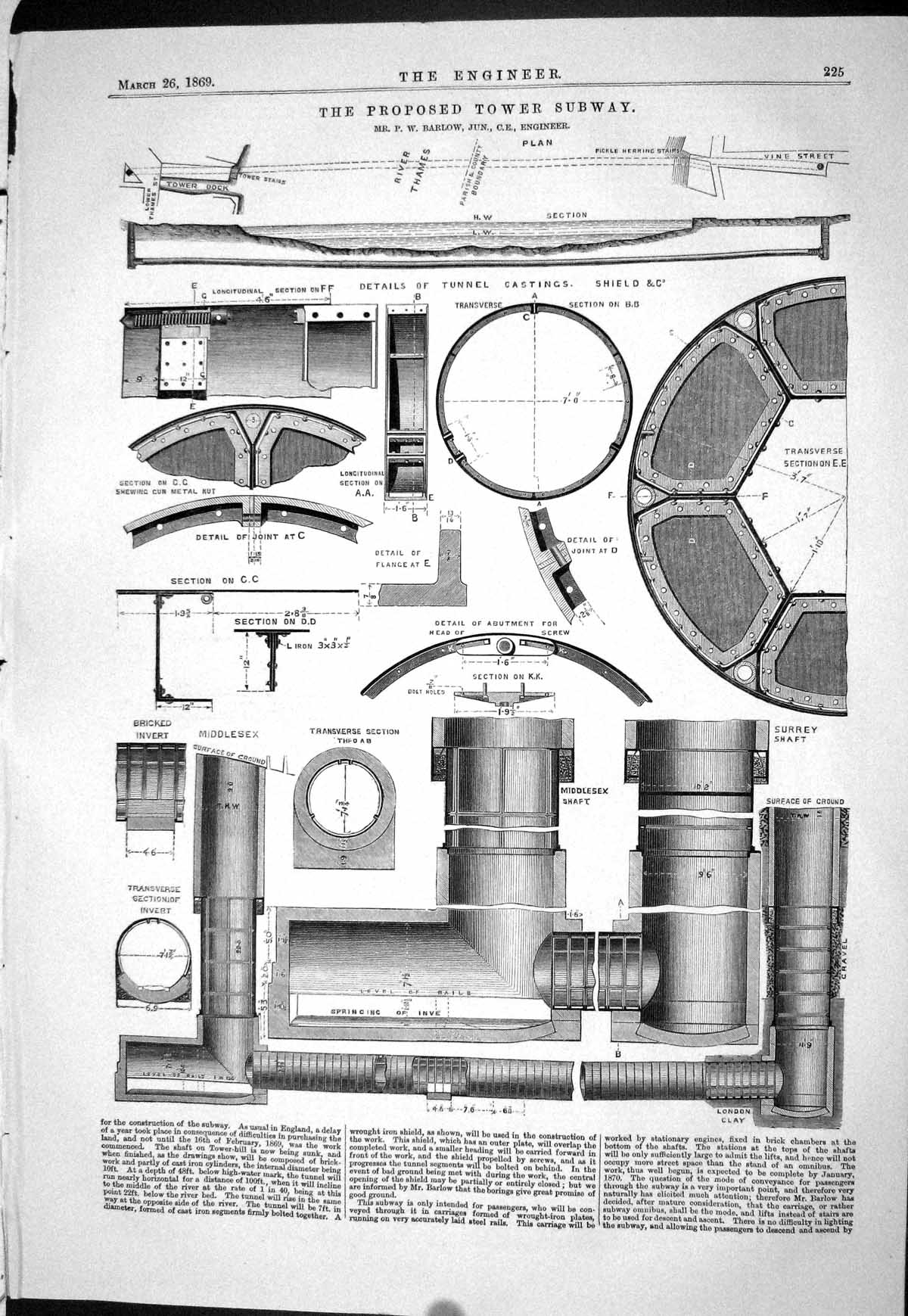 Old 1869 Proposed Tower Subway Barlow Engineering Tunnel Castings She Victorian