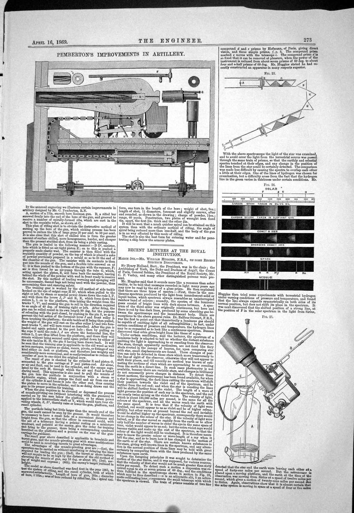 Old 1869 Pemberton Improvements Artillery Spectrum Discoveries Huggin Victorian