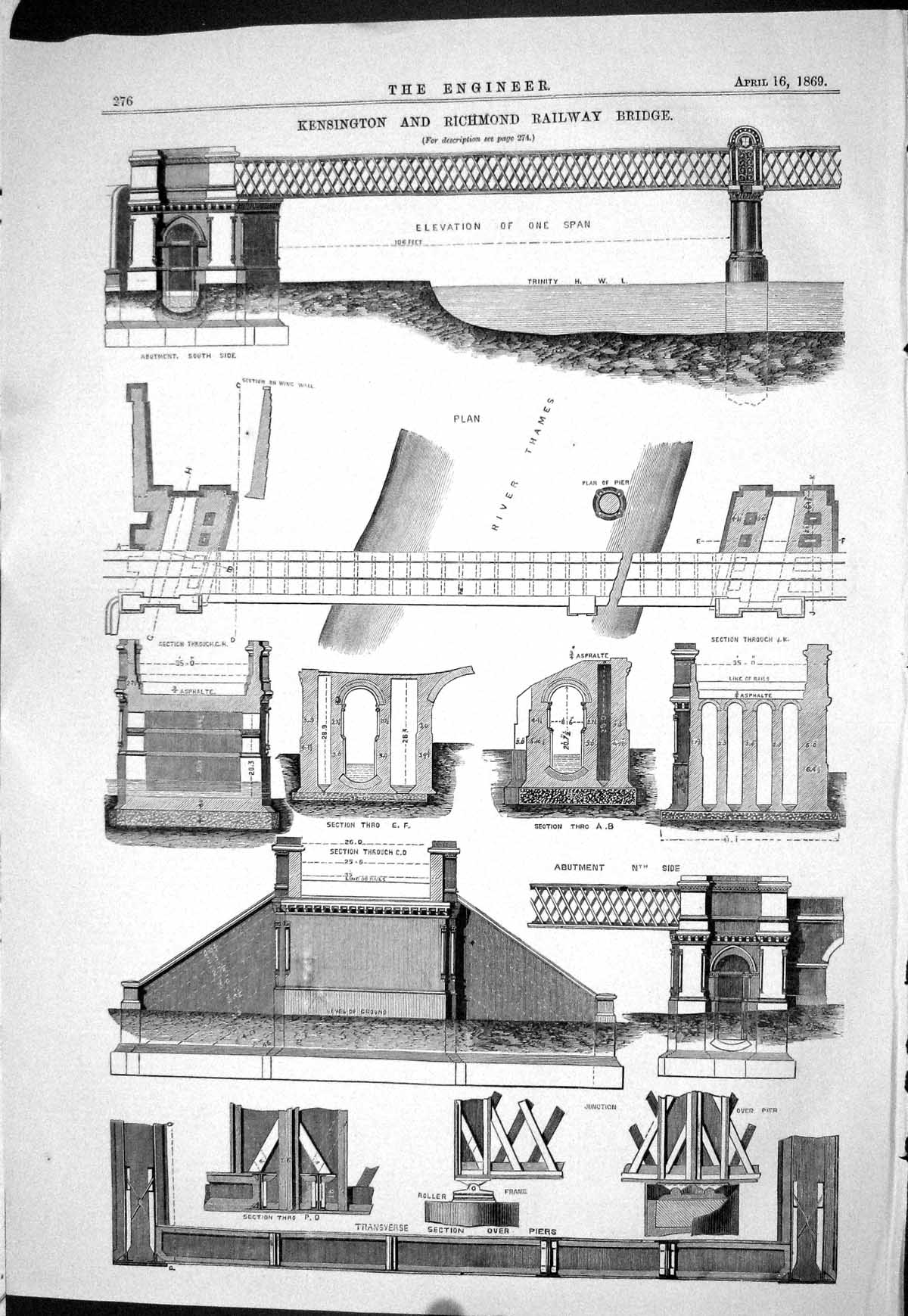 Antique Print 1869 Kensington Richmond Railway Bridge Engineering Diagrams 19th