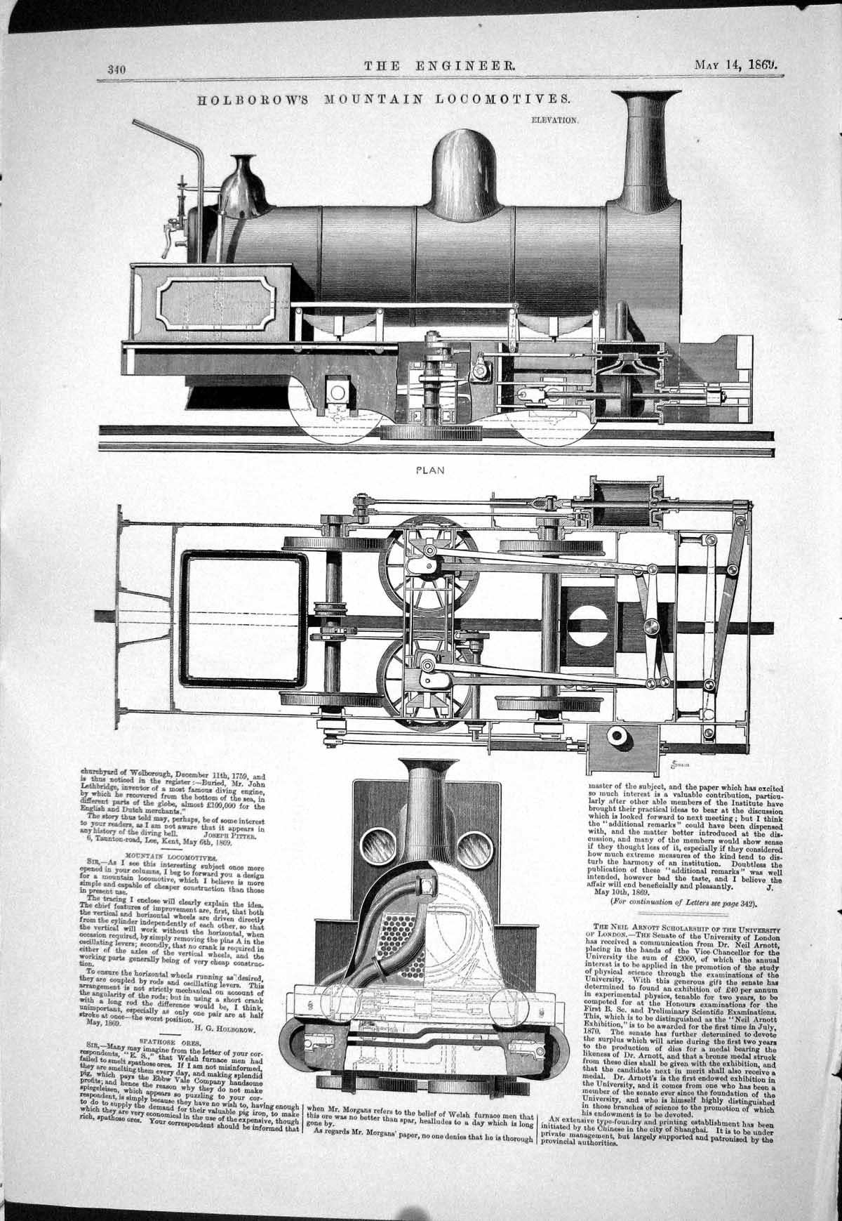 Antique Print 1869 Holborows Mountain Locomotive Train Engines Engineering 19th