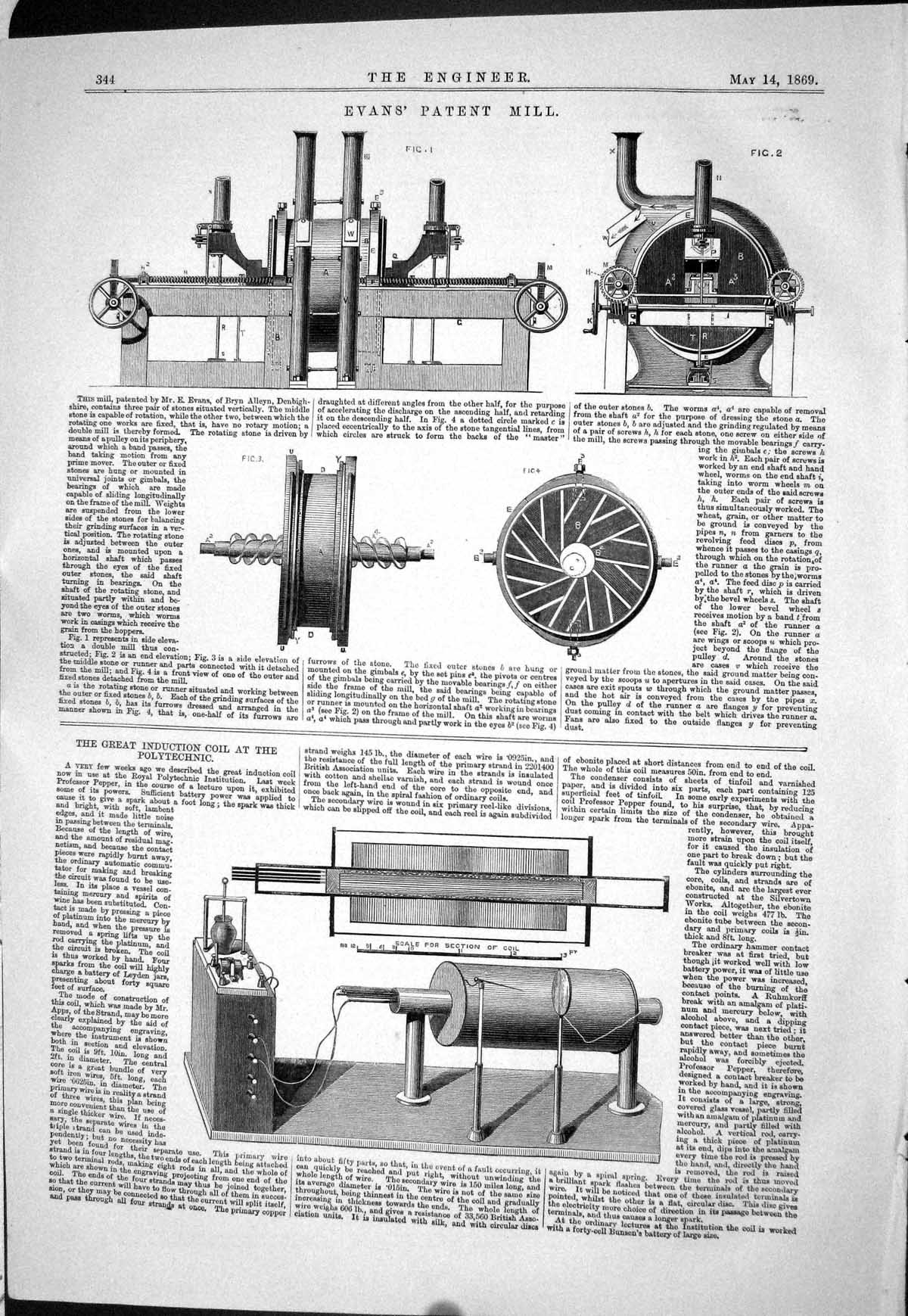 Old 1869 Evans Patent Mill Machinery Induction Coil Polytechnic Engin Victorian