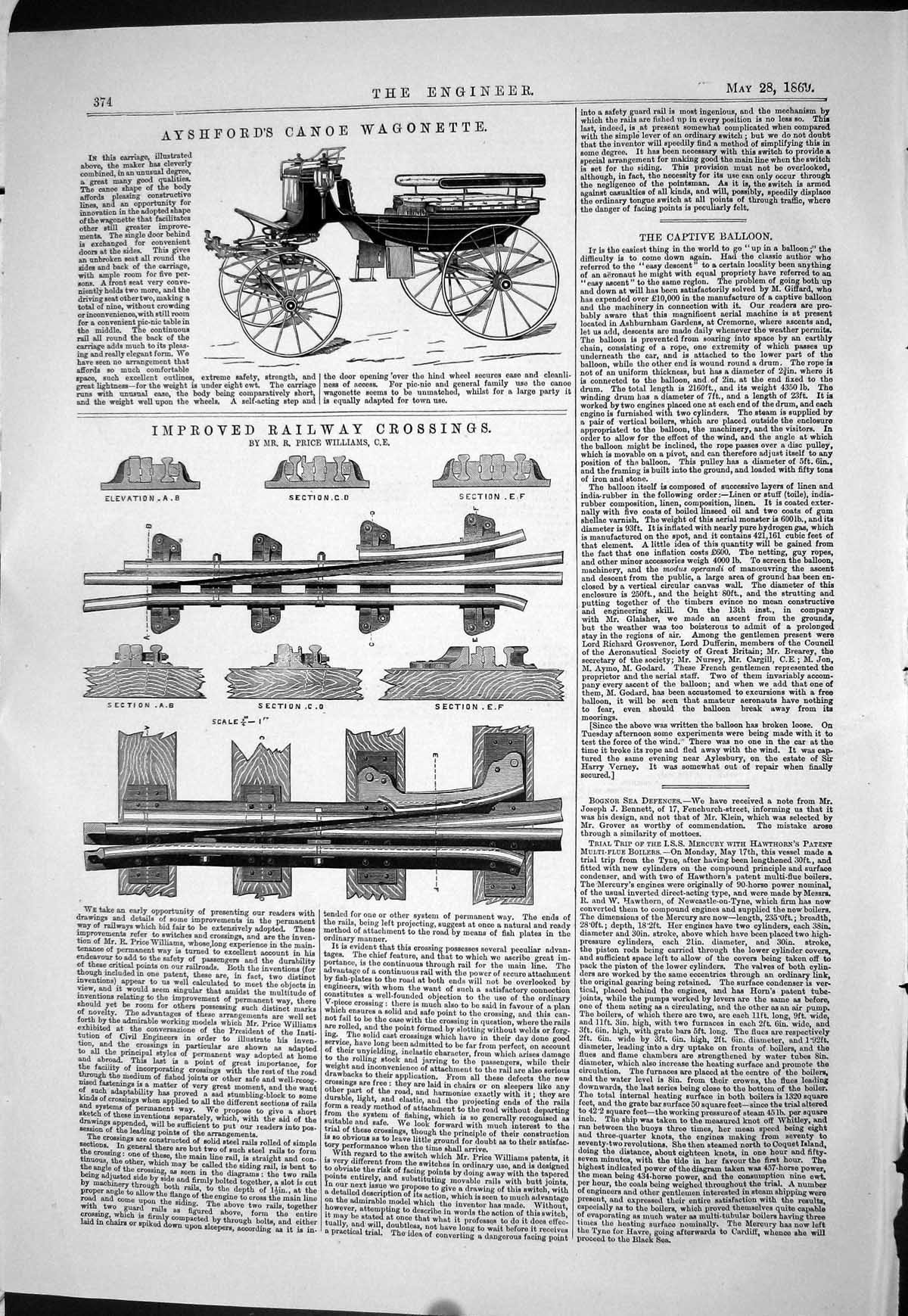 Old 1869 Ayshford Canoe Wagonette Improved Railway Crossings Williams Victorian