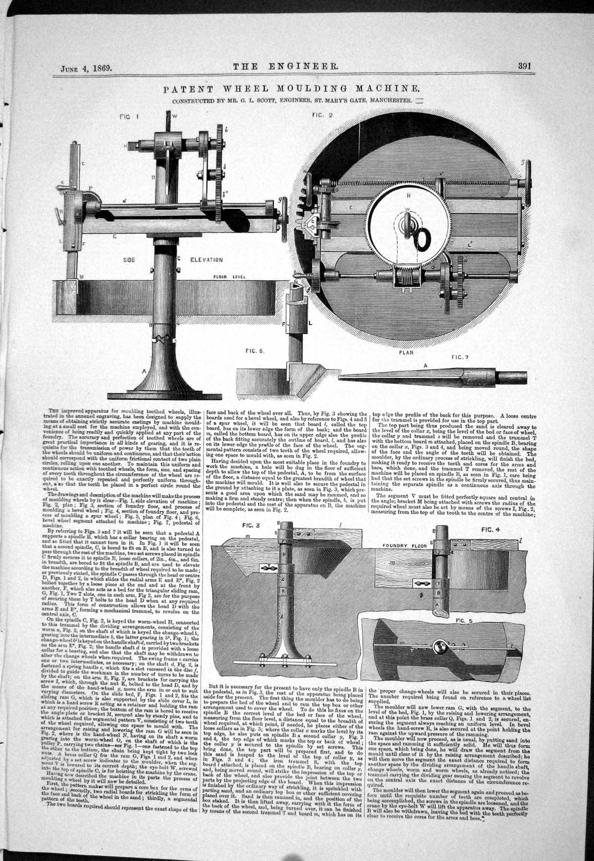 Old Print 1869 Patent Wheel Moulding Machine Scott Engineering Machinery 19th