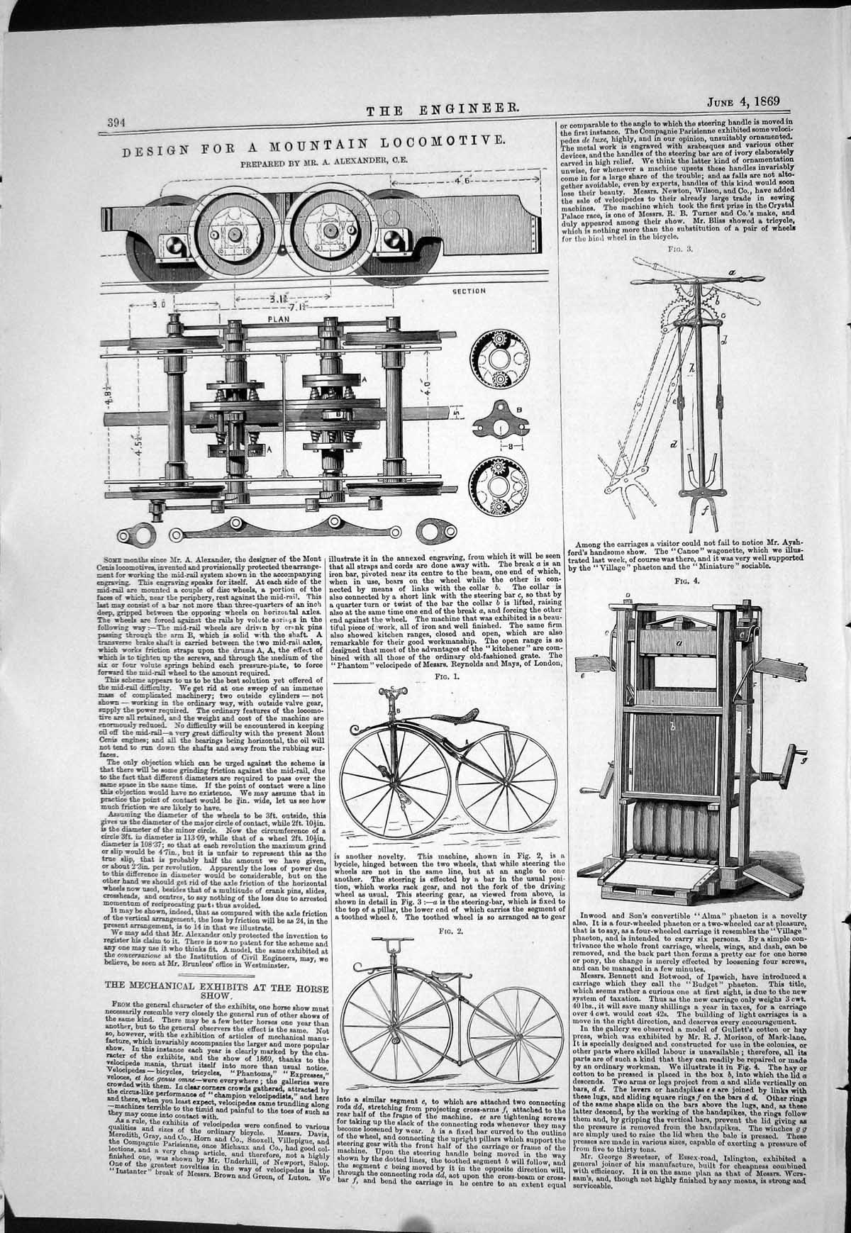 Old 1869 Design Mountain Locomotive Train Machienry Alexander Bycicle Victorian