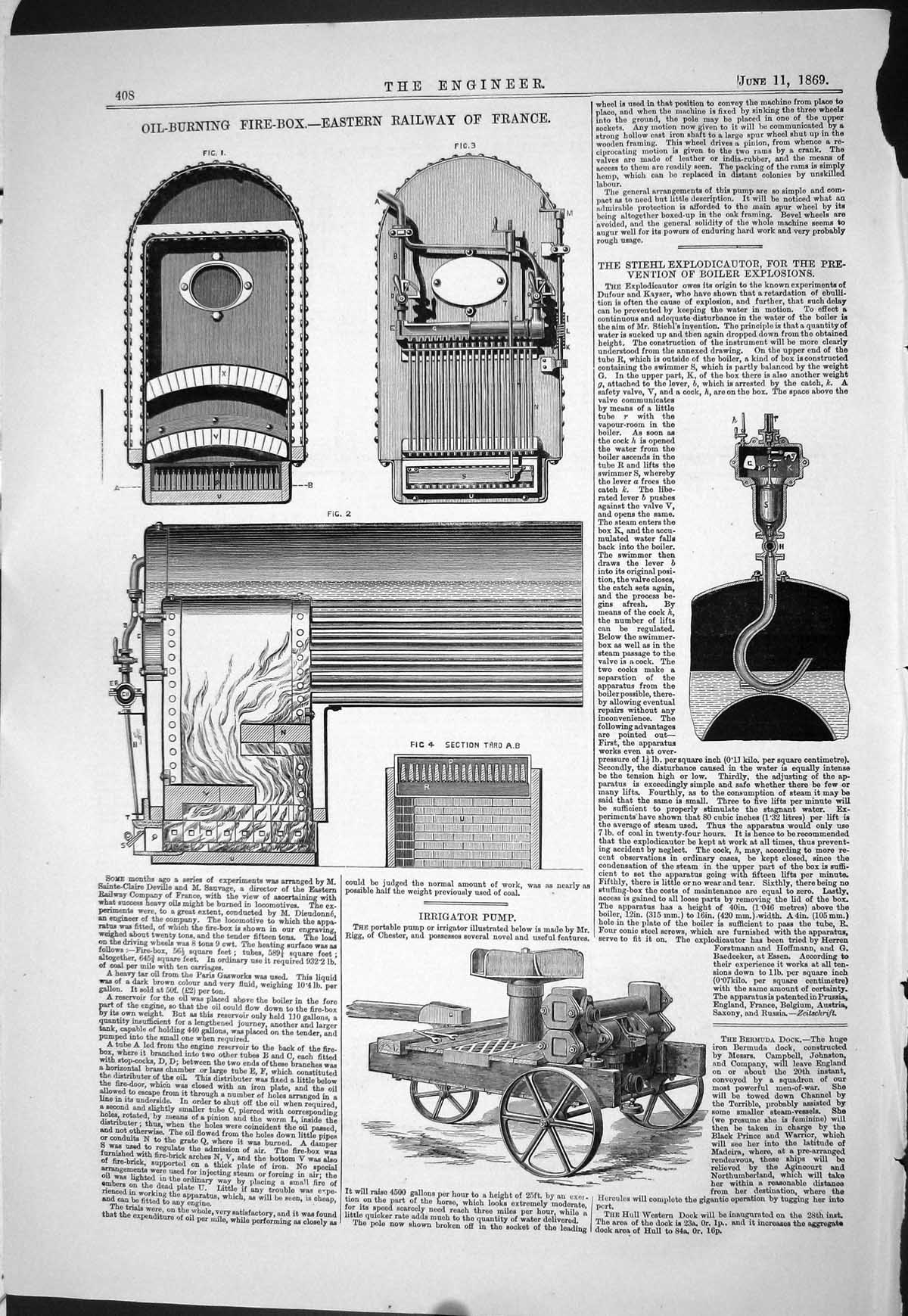 Old 1869 Oil Burning Fire-Box Eastern Railway France Irrigator Pump B Victorian