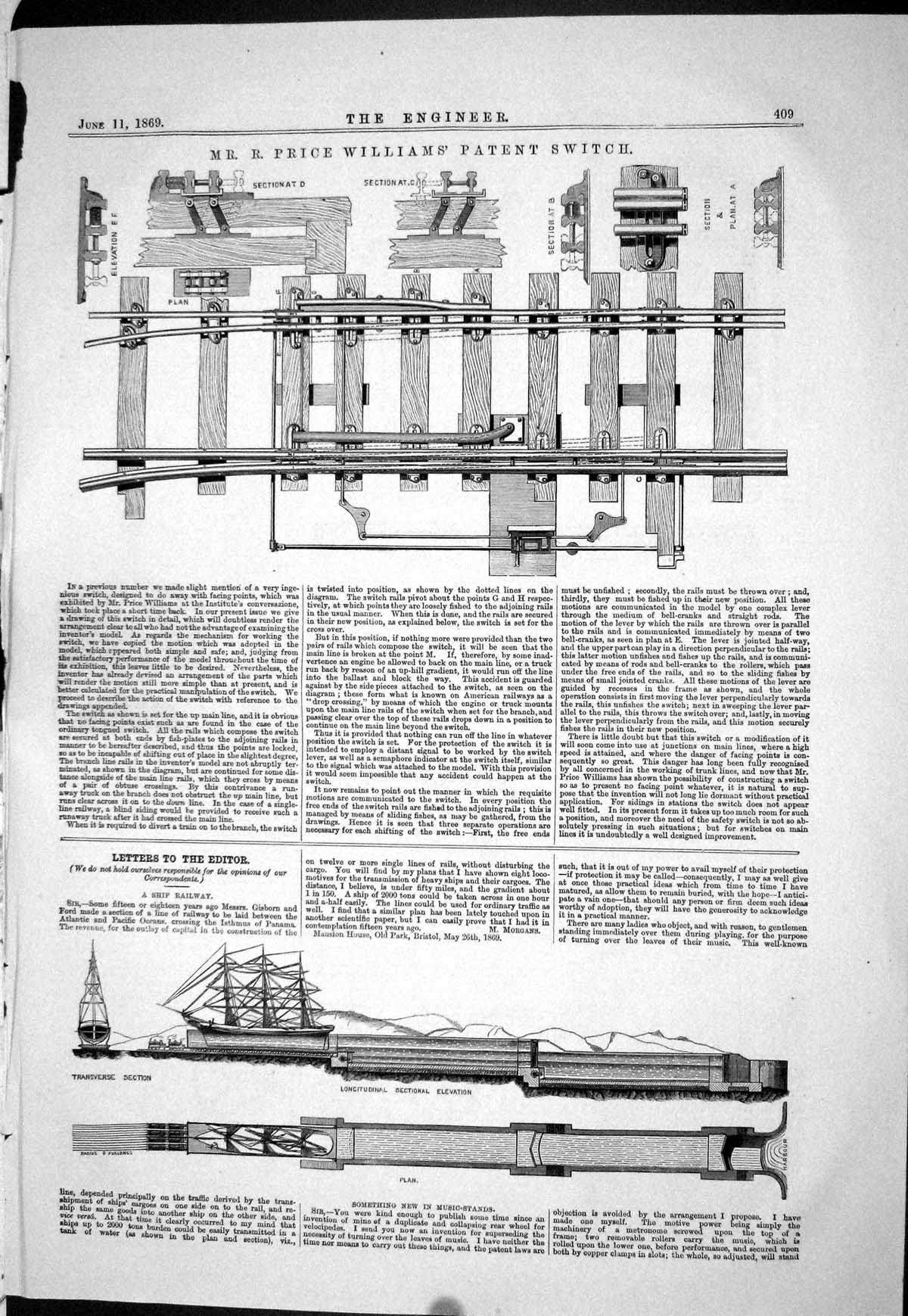 Old 1869 Price Williams Patent Switch Plan Ship Railway Velocipedes E Victorian