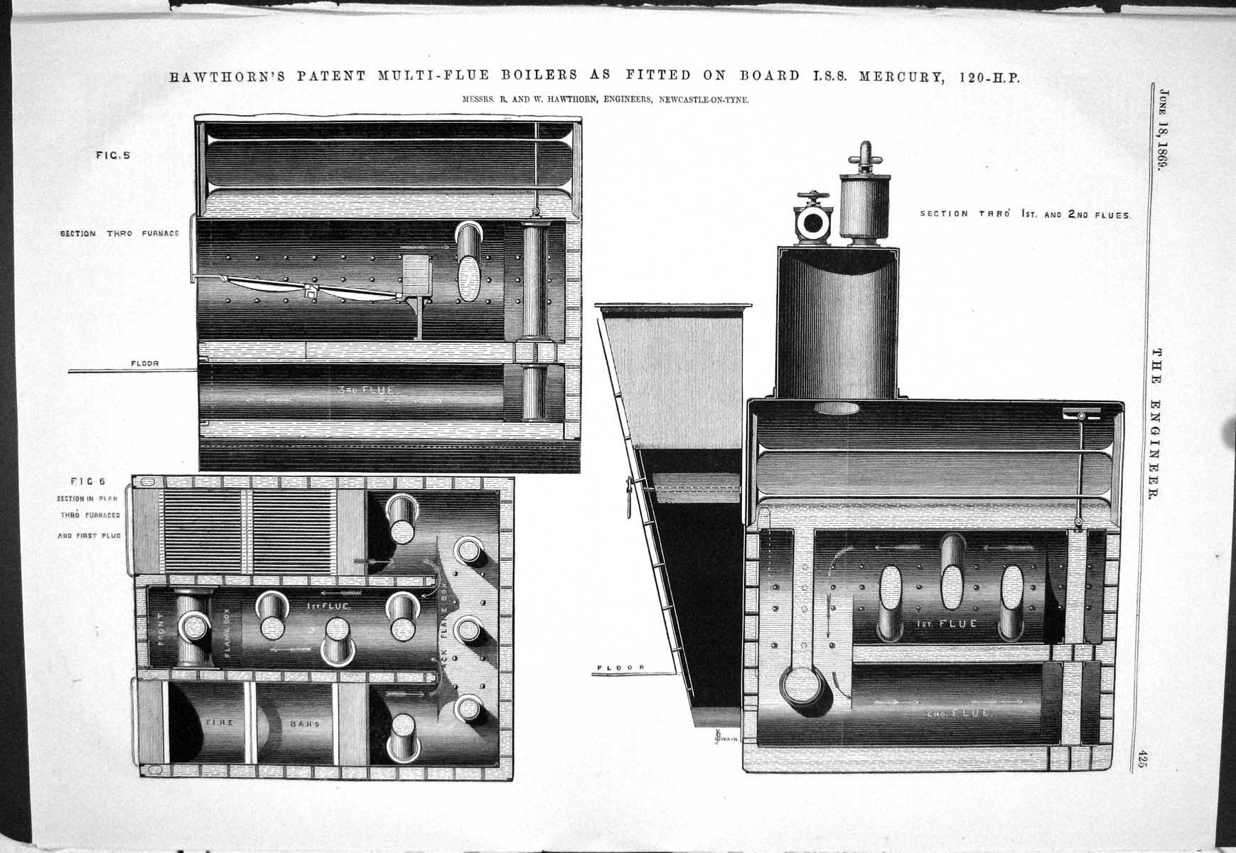 Old 1869 Hawthorn Patent Multi-Flue Boilers Ship I.S.S. Mercury Engin Victorian