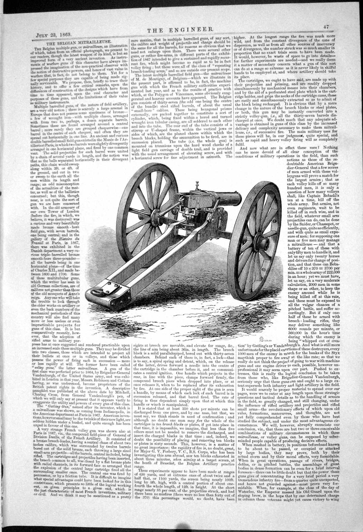 Antique Old Print 1869 Belgian Mitrailleuse Multiple Gun Canon War Weapons 19th