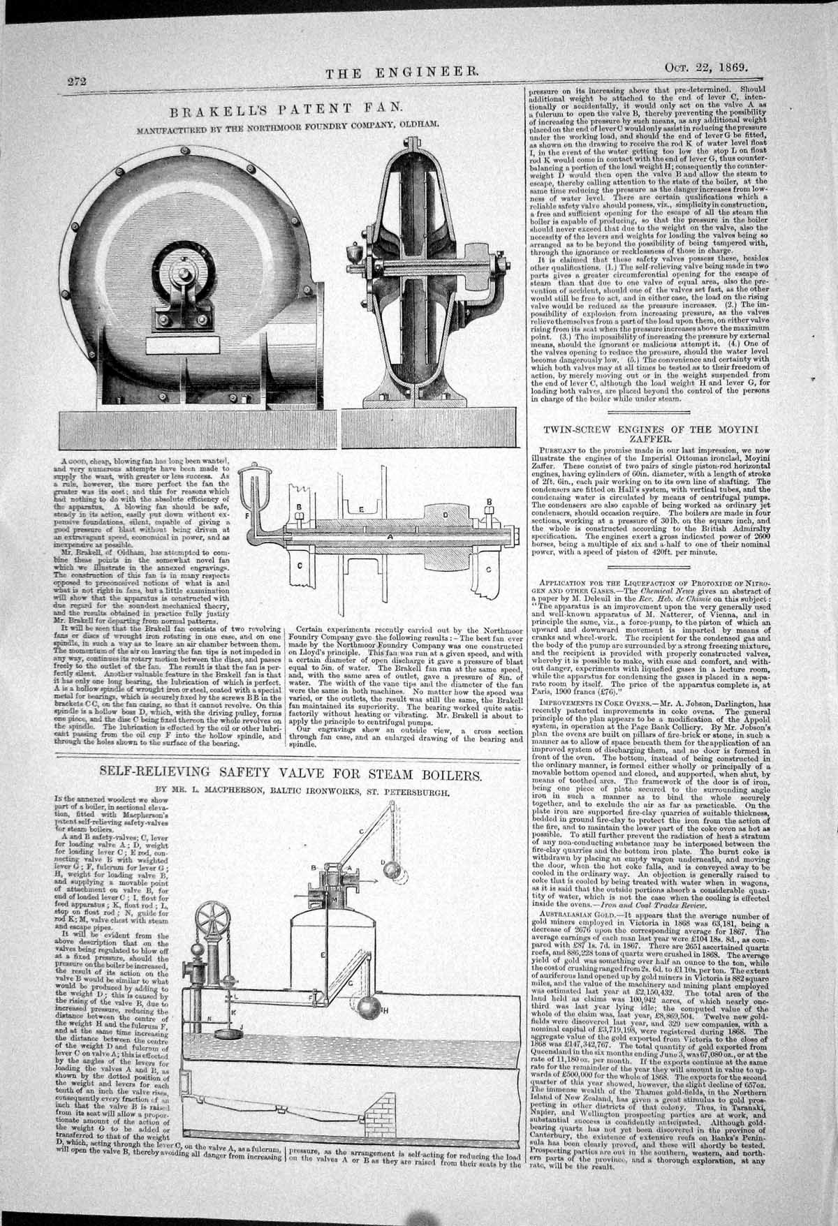 Old 1869 Brakell Patent Fan Self-Relieving Safety Valve Steam Boilers Victorian