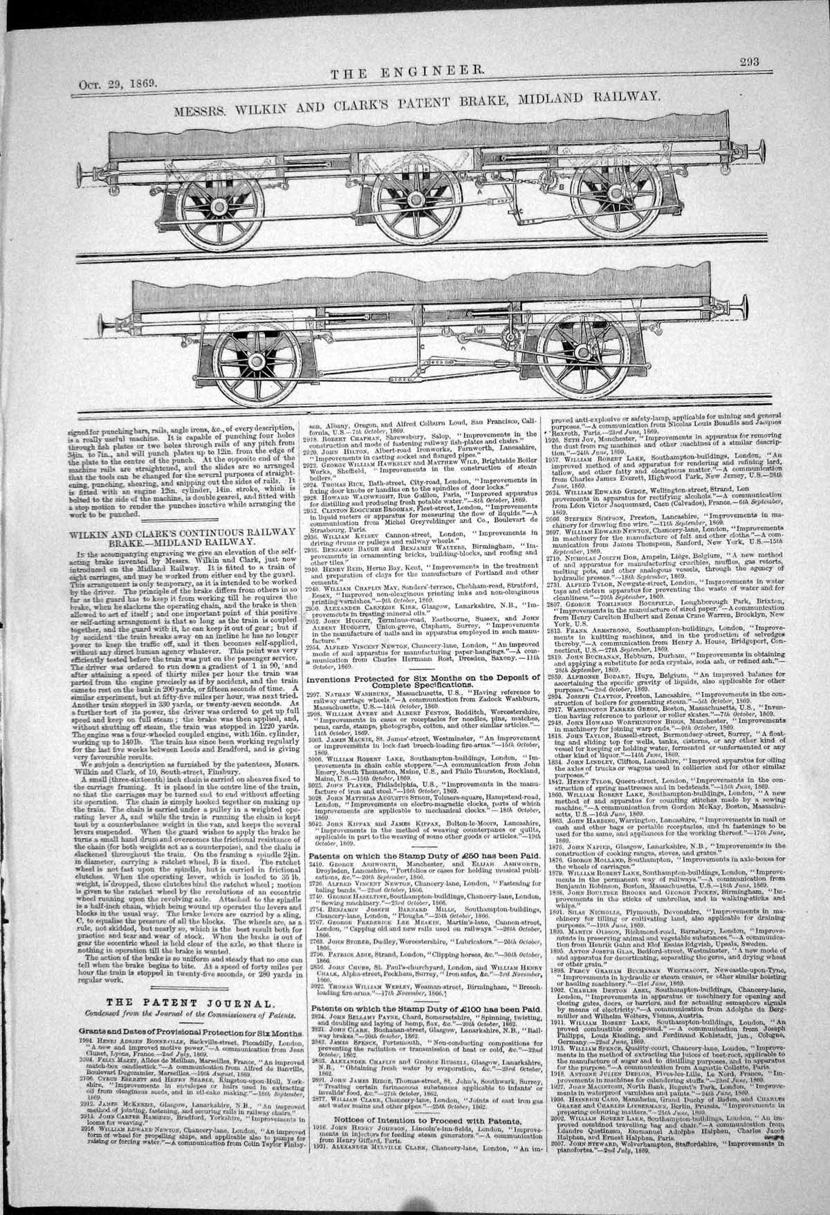 Old 1869 Messrs Wilkin Clark Patent Brake Midland Railway Train Engin Victorian