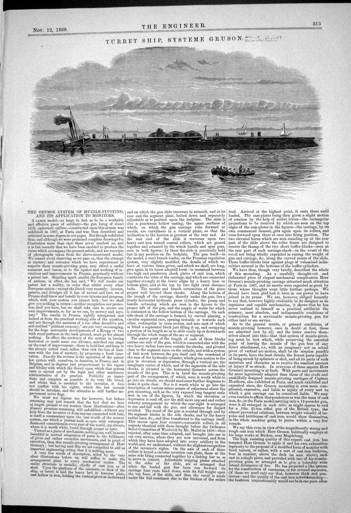 Old 1869 Turret Ship Systeme Gruson Muzzle-Pivoting Application Monit Victorian