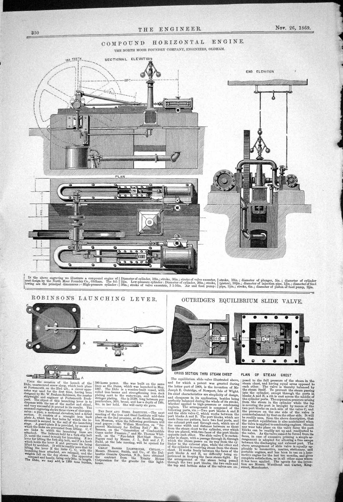 Old 1869 Compound Horizontal Engine Robinson Launching Lever Outridge Victorian