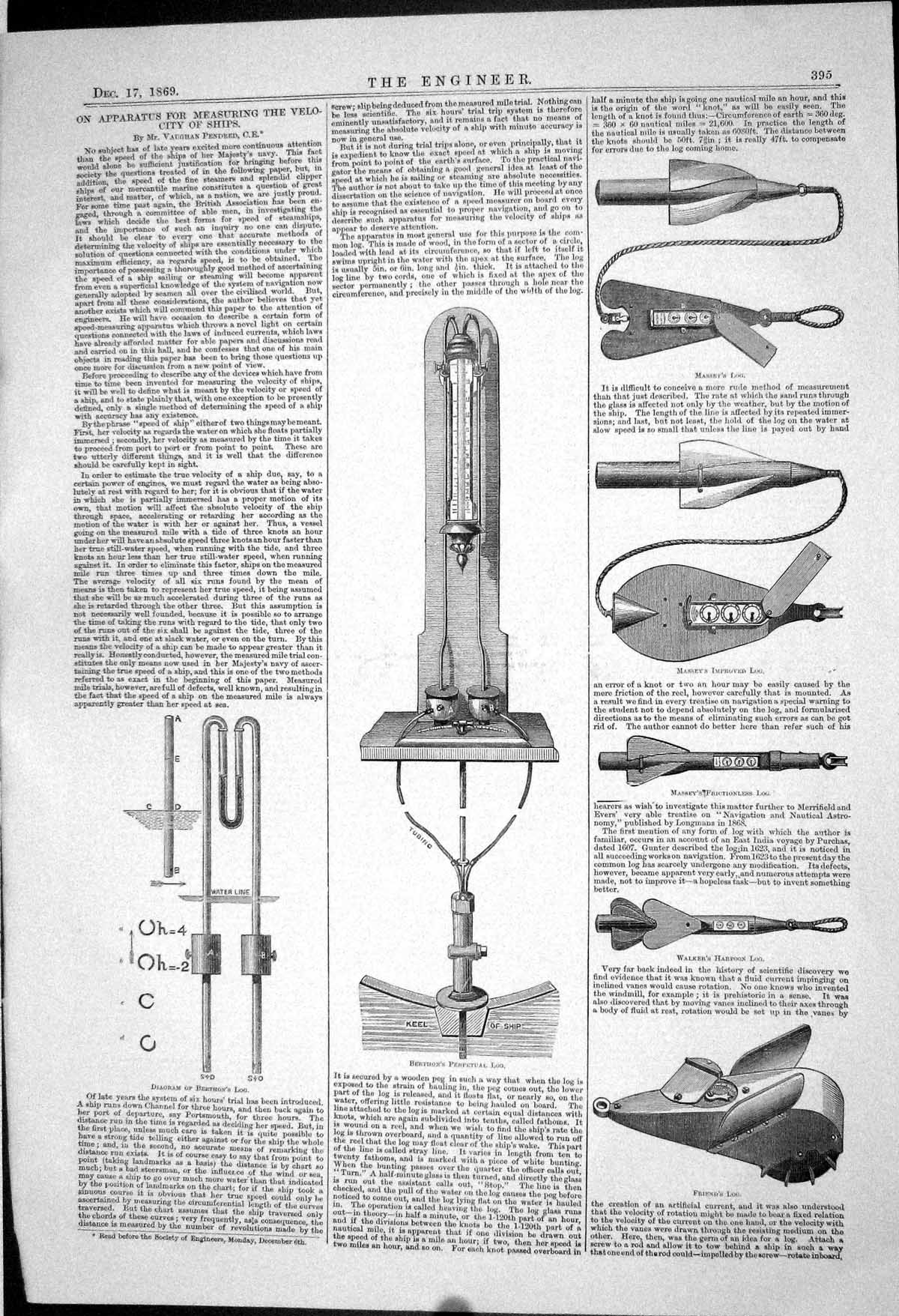 Old 1869 Apparatus Measuring Velocity Ships Vaughan Pendred Engineeri Victorian