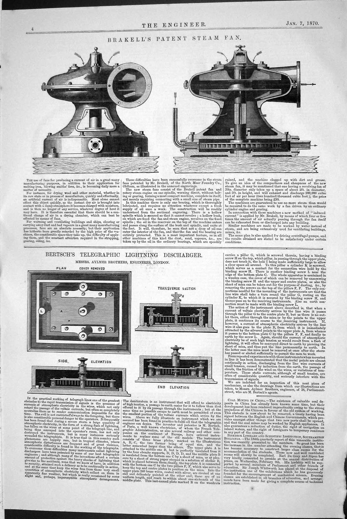 Old 1870 Brakell Patent Steam Fan Bertsch Telegraphic Lighting Discha Victorian