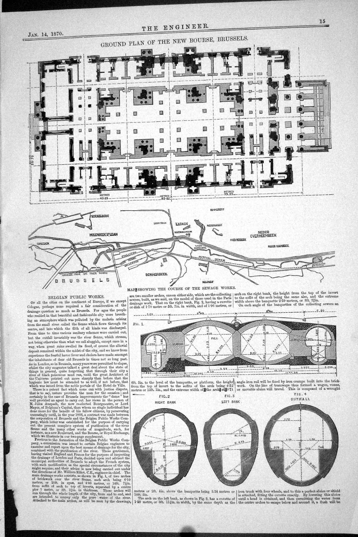 Old 1870 Ground Plan New Bourse Brussels Map Belgian Public Works Sew Victorian