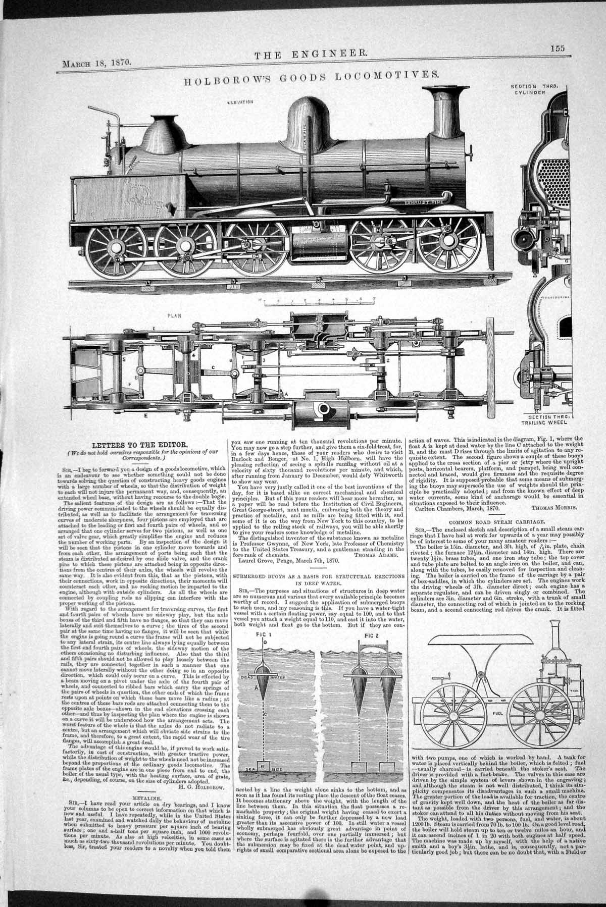 Old Print 1870 Holborow Goods Locomotives Train Railways Buoys Deep Water 19th