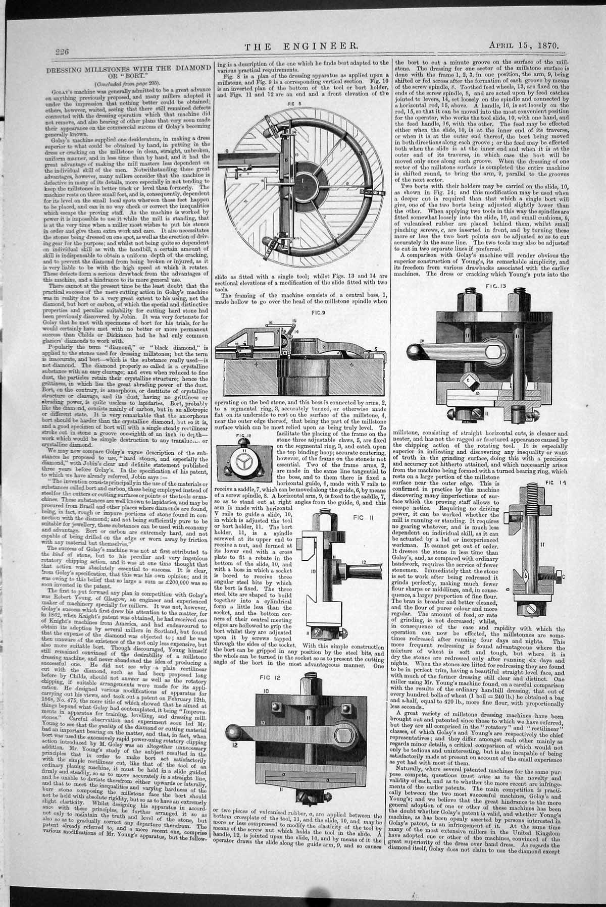 Antique Old Print 1870 Dressing Millstones Diamond Bort Machinery Engineering