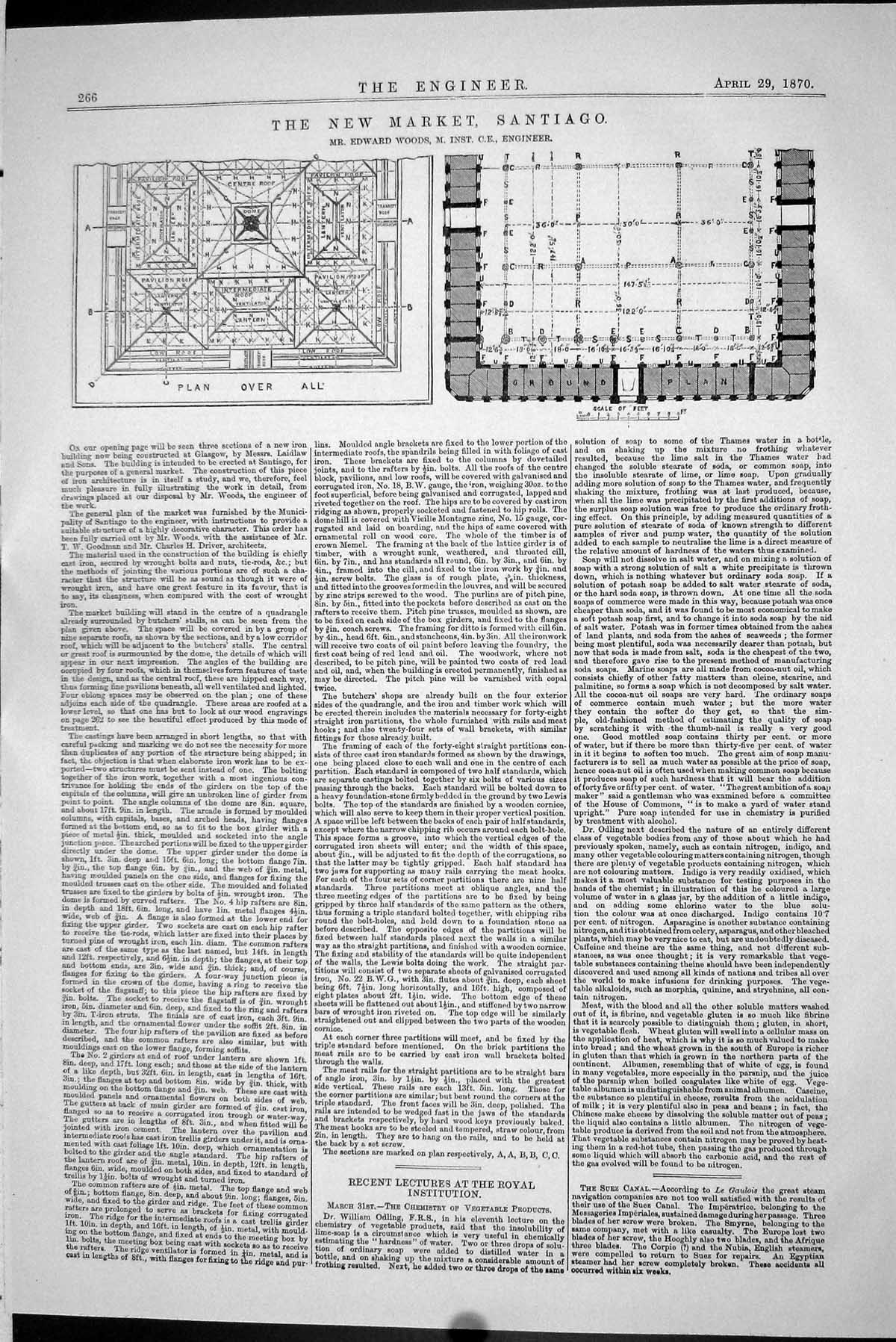 Antique Print 1870 Plan New Market Building Santiago Edward Woods Engineer 19th