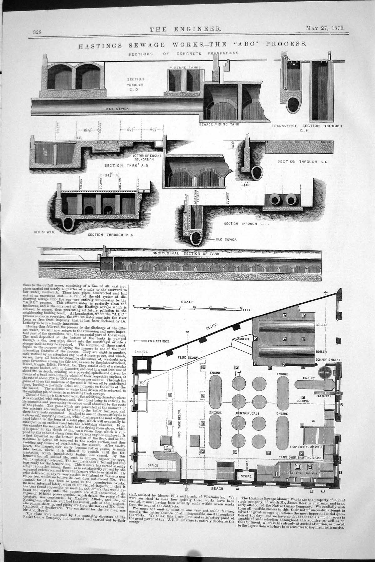 Antique Old Print 1870 Hastings Sewage Works Abc Process Concrete Foundations
