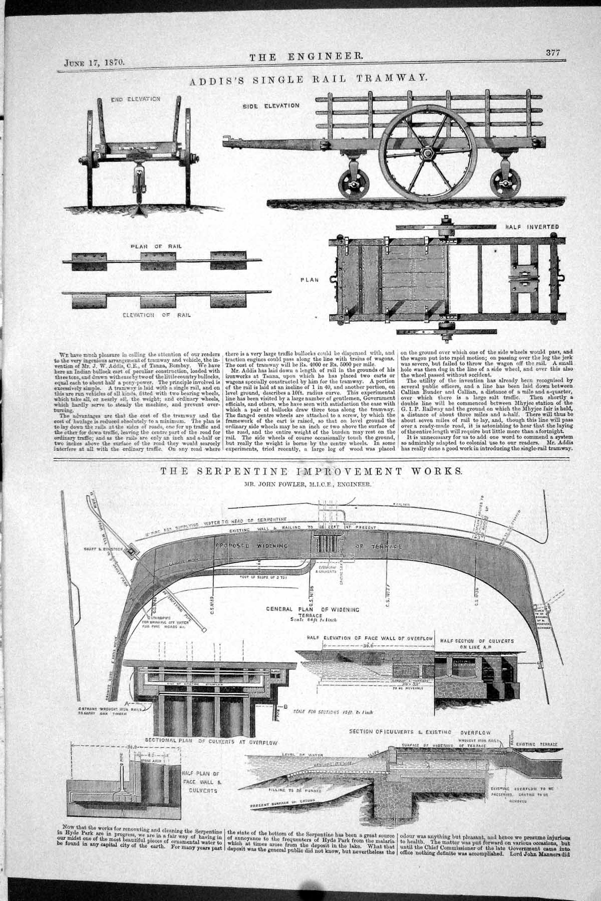 Old 1870 Addis Single Rail Tramway Serpentine Improvement Works Engin Victorian