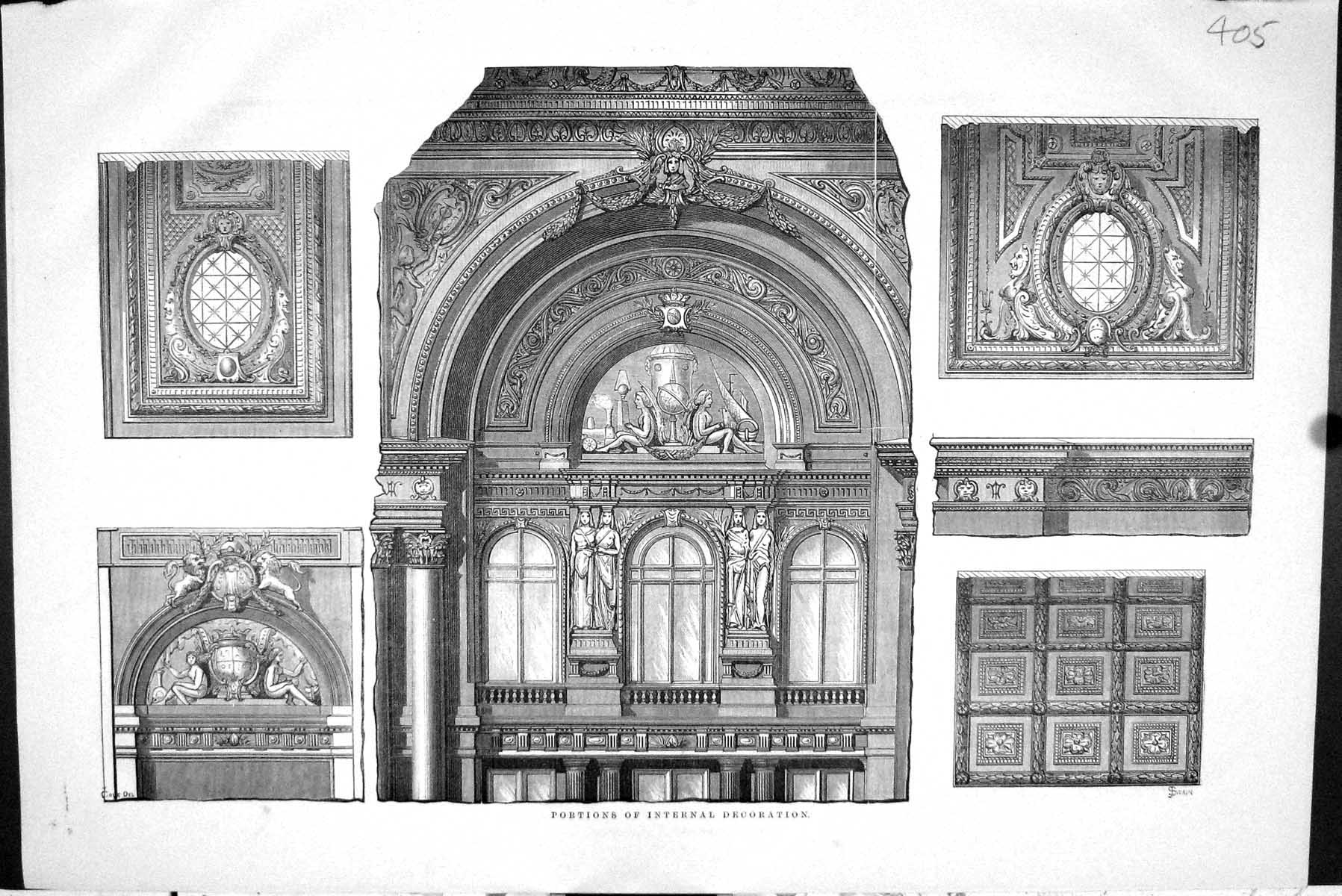 Original Old Antique Print 1870 Architecture Portions Internal Decorations 19th